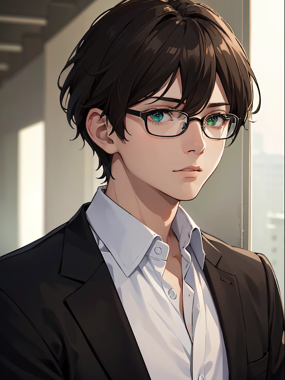 masterpiece, best quality, 1boy, brunette hair, green eyes, glasses, white shirt, mugshot, wall background, detailed eyes, detailed facial features, realistic and high resolution (best quality, 4k, 8k, highres, masterpiece:1.2)