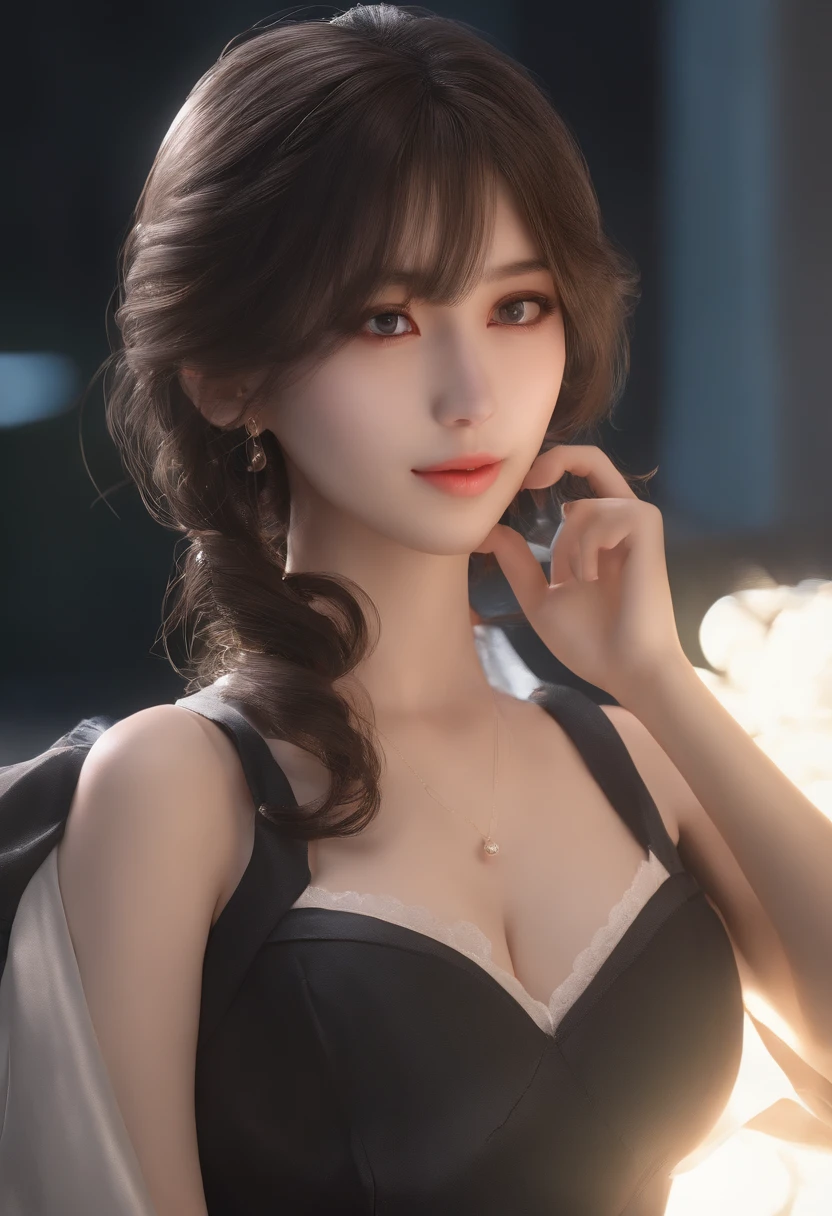 1girl, 
yinlin \(wuthering waves\),  
solo, white background, breasts, mole under mouth, very long hair, bare shoulders, upper body, ahoge, single earring, long sleeves, jewelry, detached sleeves, simple background, hair over one eye, red hair, black dress, mole, dress, china dress, mole under eye, smile, chinese clothes, ponytail, looking at viewer, long hair, closed mouth, brown eyes, earrings, 
masterpiece, best quality,  safe
 