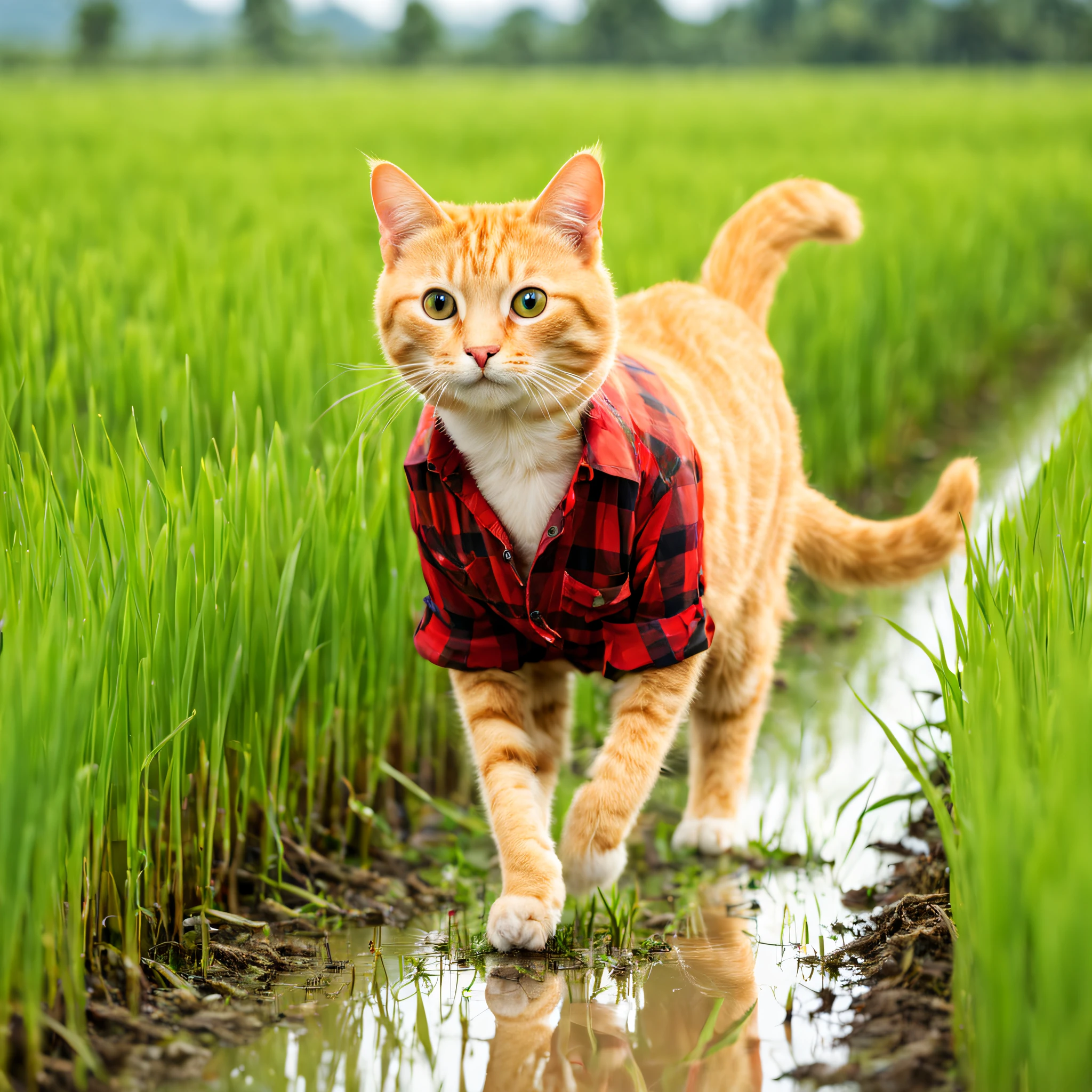 light orange cat.Make a cheeky, naughty face.Wear a red plaid shirt.Walking on rice fields in the middle of lush green rice fields.Full body