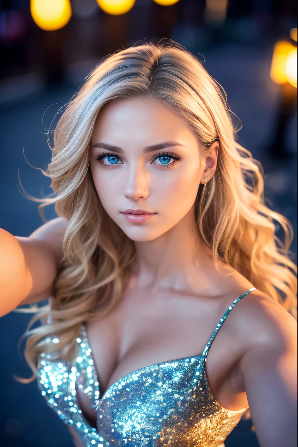 (Selfie, vue de dessus: 1.4), (Right half of the body: 1.4), RAW UHD portrait photo of a 25 year old European blonde (Femme aux yeux bleus) Descendre sur la plage, palmiers, (jupe), (neckline), specifics (Textures! , cheveux! , briller, couleur!! , disadvantages: 1.1), Bright eyes with lots of detail (looking at the camera), Reflex lighting, reflex, Ultra-quality, re sharpness, profondeur de champ, grain du film (centre), Fujifilm XT3, Limpide, Centre Du caDre, beau visage, mise au point nette, street lamp, neon lighting, Bokeh (dimly lit), Nuit, (Ciel nocturne), detailed skin pores, peau grasse, coup de soleil, intricate eye details, corps entier, gros seins, robe brillante, Sequin dress. evening dress, Petit, Objectif 24mm