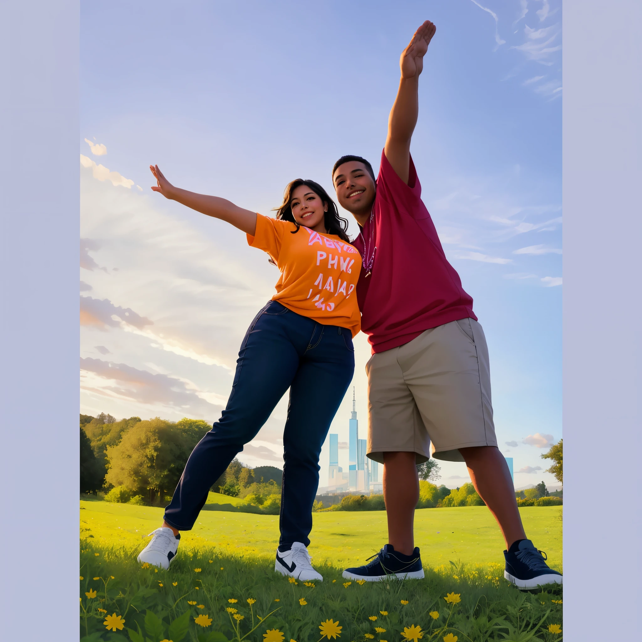 there are two people standing in a field with their arms outstretched, photo taken in 2 0 2 0, karla ortiz, profile image, photo shoot, fun pose, happy couple, by Nicholas Marsicano, profile picture, big!!!!!!!!!!!!, triumphant pose, very artistic pose, in marijuanas gardens, sunset!, vacation photo, 2 0 2 2 photo