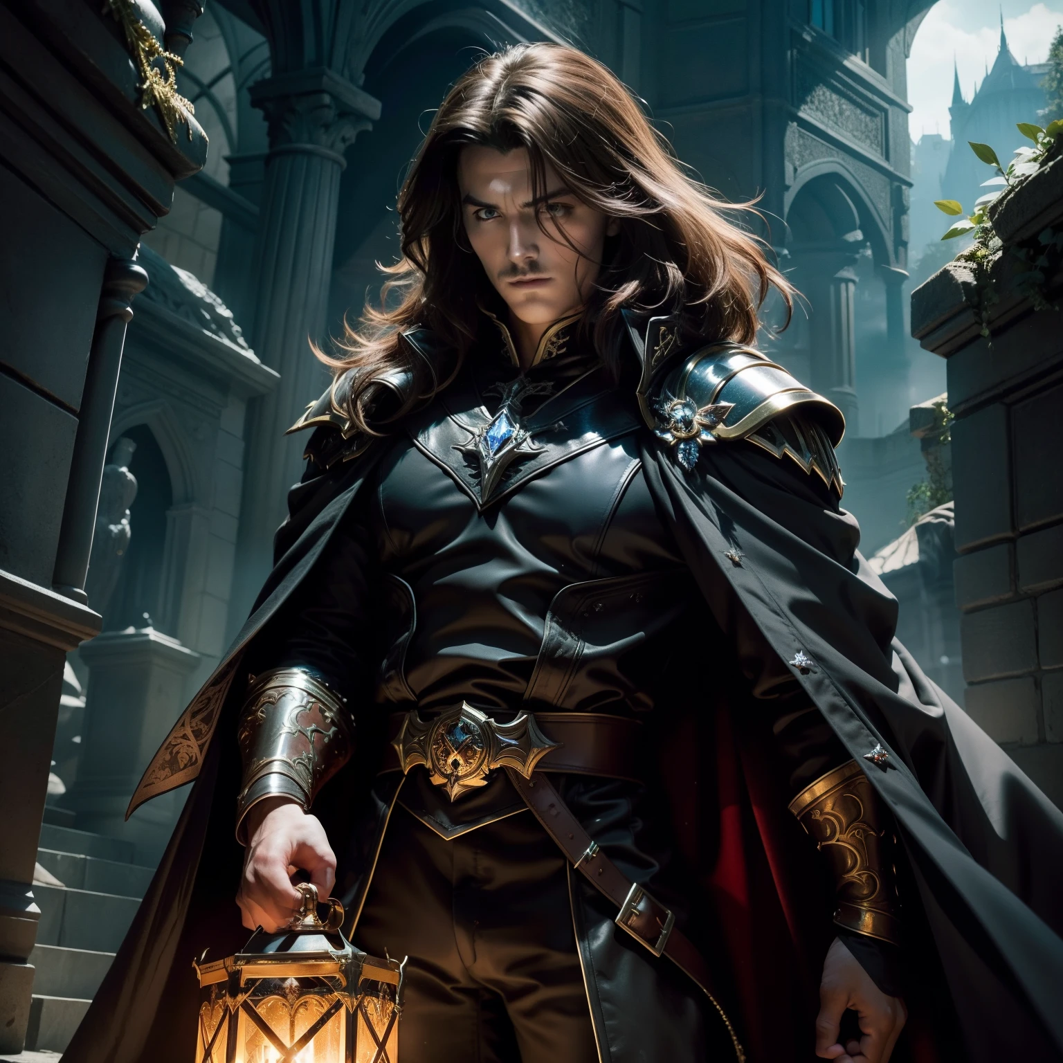 Castlevania Seigneur des Ombres hyper réaliste super détaillé visage beau musclé beau visage effrayant légendaire rouge brillant cristal yeux avec très belle princesse brillant yeux de cristal portrait Lord Dracula menant troupes armée de démons pour combattre détails tranchants cinématiques scènes film Epic Legendary