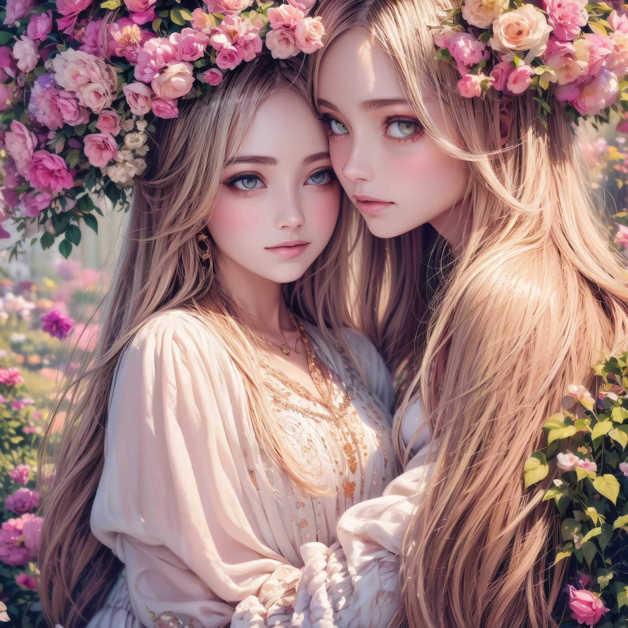 A girl holding a magical box, surrounded by vibrant flowers and plants, beautiful detailed eyes and lips, long eyelashes, in a garden full of sunlight and soft breeze, in the style of an oil painting. The box is made of an intricate blend of gold and precious gems, shimmering in the light. The girl is wearing a flowing dress with intricate floral patterns, in pastel tones. The scene is of the highest quality, with ultra-detailed textures and realistic lighting effects, creating a photorealistic masterpiece. The colors of the artwork are vibrant and vivid, with a warm and enchanting color palette. The light is softly diffused, casting a gentle glow on the girl and the surroundings, creating a dreamlike atmosphere.