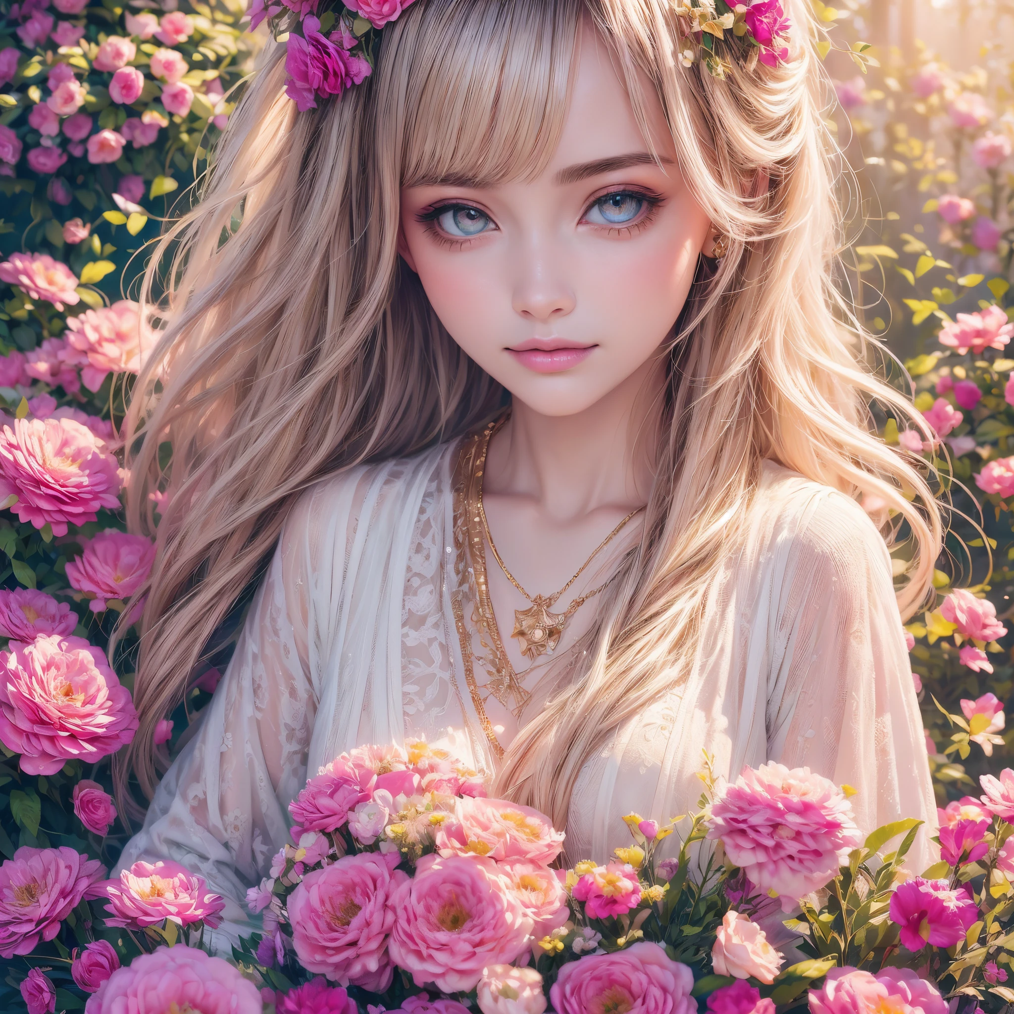 A girl holding a magical box, surrounded by vibrant flowers and plants, beautiful detailed eyes and lips, long eyelashes, in a garden full of sunlight and soft breeze, in the style of an oil painting. The box is made of an intricate blend of gold and precious gems, shimmering in the light. The girl is wearing a flowing dress with intricate floral patterns, in pastel tones. The scene is of the highest quality, with ultra-detailed textures and realistic lighting effects, creating a photorealistic masterpiece. The colors of the artwork are vibrant and vivid, with a warm and enchanting color palette. The light is softly diffused, casting a gentle glow on the girl and the surroundings, creating a dreamlike atmosphere.