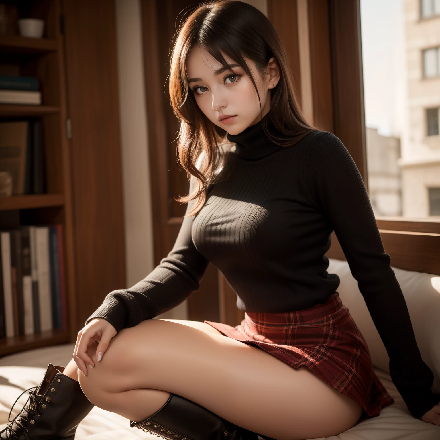 Beautiful dark-eyed young woman wearing a turtleneck sweater, very short tartan miniskirt and boots.