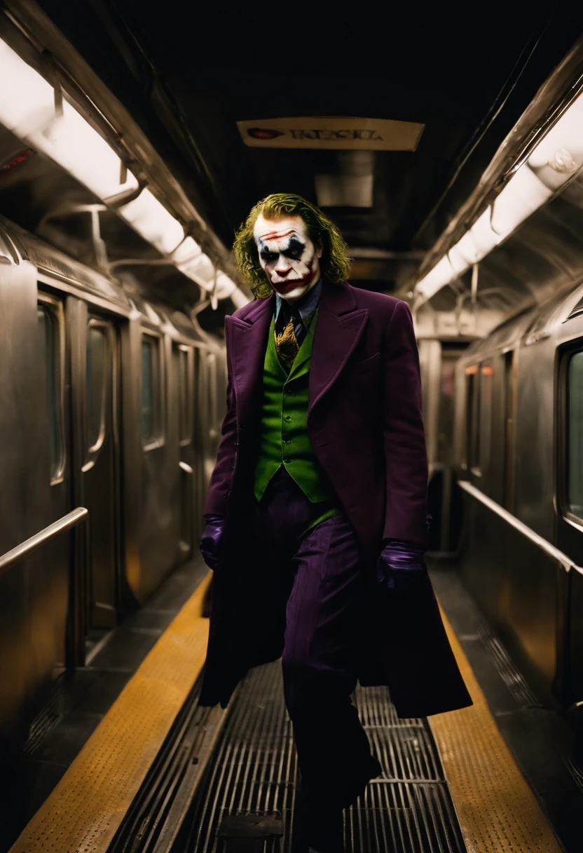 Une photo du Joker debout au sommet d&#39;une rame de métro de Gotham City, entouré de chaos et de panique,Le Chevalier Noir,Heath Ledger’s portrayal of the Joker in “Le Chevalier Noir” is marked by his disheveled, cheveux gras, maquillage de clown taché, et un refroidissement, sourire cicatrisé qui lui donne une apparence menaçante et imprévisible. Sa tenue, un costume dépareillé avec un manteau violet en lambeaux, ajoute à son personnage chaotique et anarchiste.