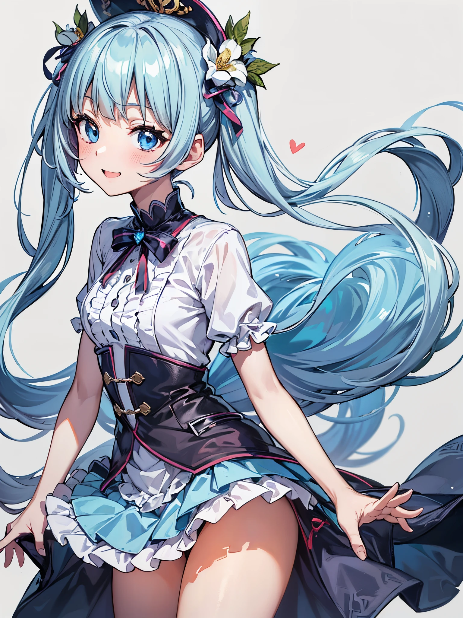 (masutepiece:1.3), (Best Quality:1.3), High resolution,
Couboy Shot,
body facing forward,
(One Cute Girl:1.3), Solo,
White skin, tiny chest, eight-headed person,
Long light blue hair、Hairstyle is Twintails, (Blunt bangs:1.2), Beautiful hair, Blue eyes, Beautiful detailed eyes,
heart mark, Cheerful smile,
Short dress, Blue checked skirt, miniskirt flower garden, (White background:1.2),
Shadow lighting,