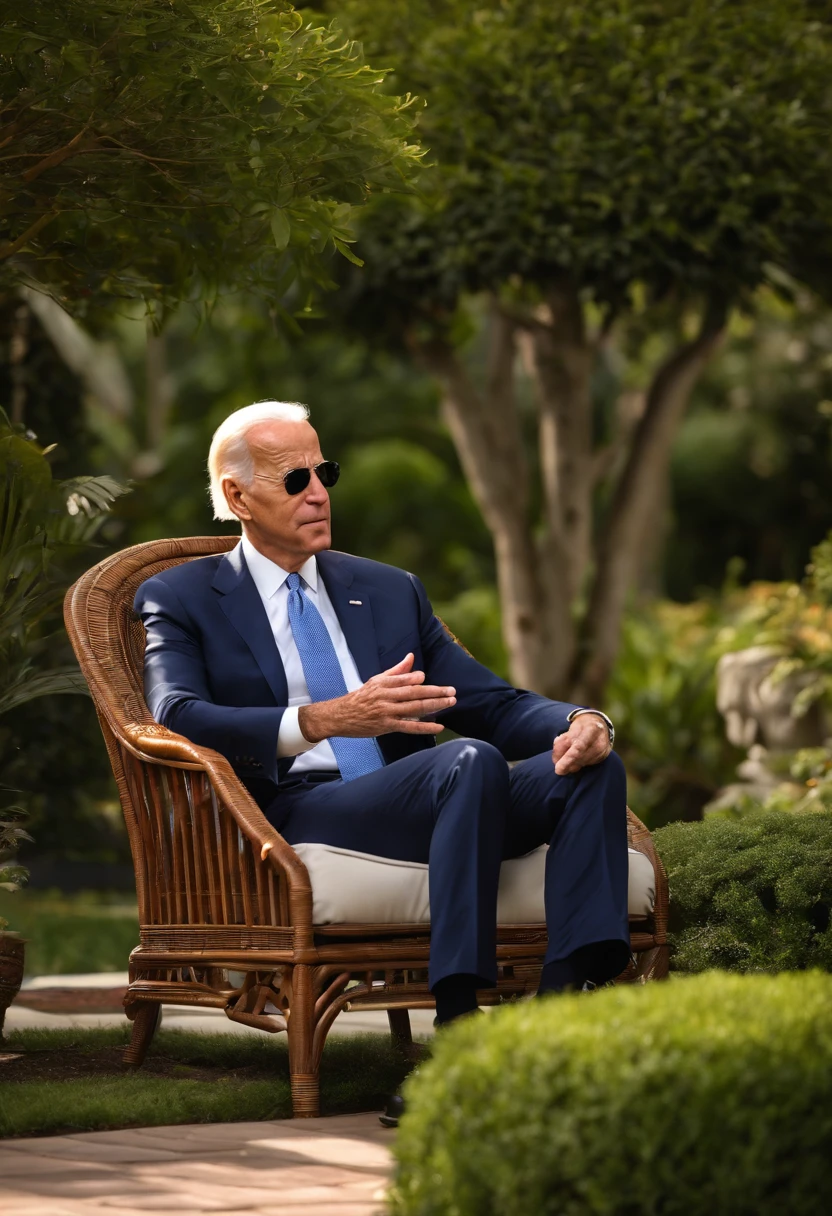A photo of Joe Biden enjoying a calming meditation session in a serene garden.,original, Joe Biden, the President of the United States, is typically seen in a suit and tie, often with a smile and aviator sunglasses, which have become somewhat of a trademark look for him. He has white hair, blue eyes, and is known for his friendly demeanor.