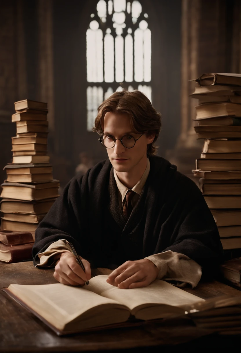 A photo of Remus sitting at a desk with a pile of books and research papers, wearing a pair of glasses and focused on writing in a notebook.,Harry Potter and the Prisoner of Azkaban,Remus has light brown hair, wears shabby robes, and has a claw scar across his face. Famously portrayed by David Thewlis