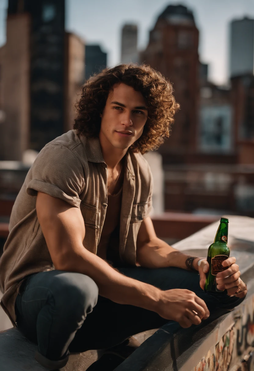 The image is of Marcus sitting on a rooftop with a graffiti-covered wall in the background, holding a bottle of beer and flipping off the camera.,original,Marcus has curly brown hair, brown eyes, various scars from getting into fights, famously portrayed by Benjamin Wadsworth