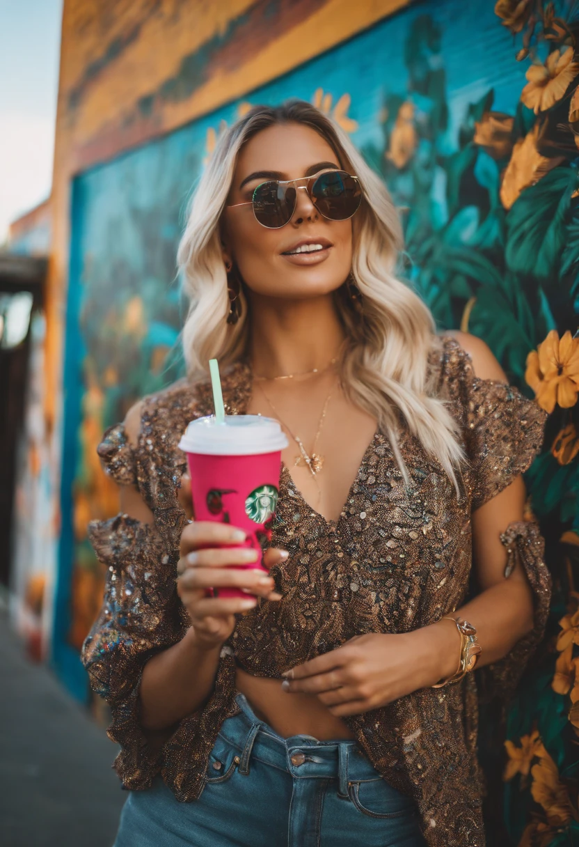 A photo of LA influencer chick standing in front of a stunning street art mural, striking a pose in her Coachella outfit and holding a Starbucks drink.,original,She is blonde, young, beautiful, lives in Hollywood, and takes a selfie