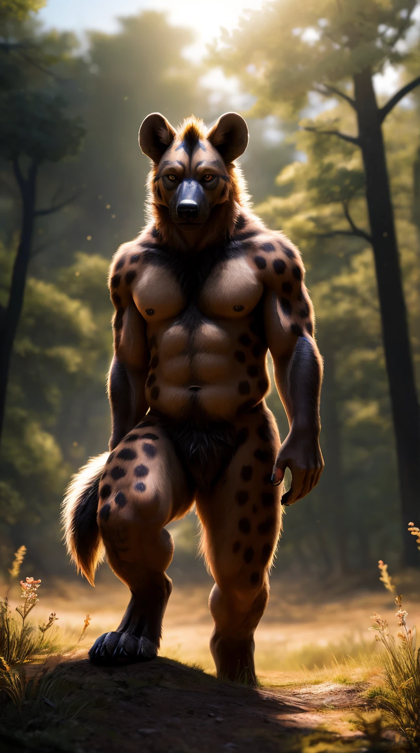 Solo, Sexy, hunk, hyena, pupils, tail, pawpads, hyper-realistic cgi, photorealistic, high detail, realistic:1.5, masterpiece, absurdres, best quality, HDR, high quality, high-definition, extremely detailed, 8k wallpaper, intricate details, 8K uhd, Full-HD, (realistic photo:1.9), harsh lighting, cinematic lighting, natural lighting, hard light, teal lighting, global illumination, ambient occlusion, depth of field, Field of View, lens flare, stunning environment, complex background, complex and intricate subject, full body