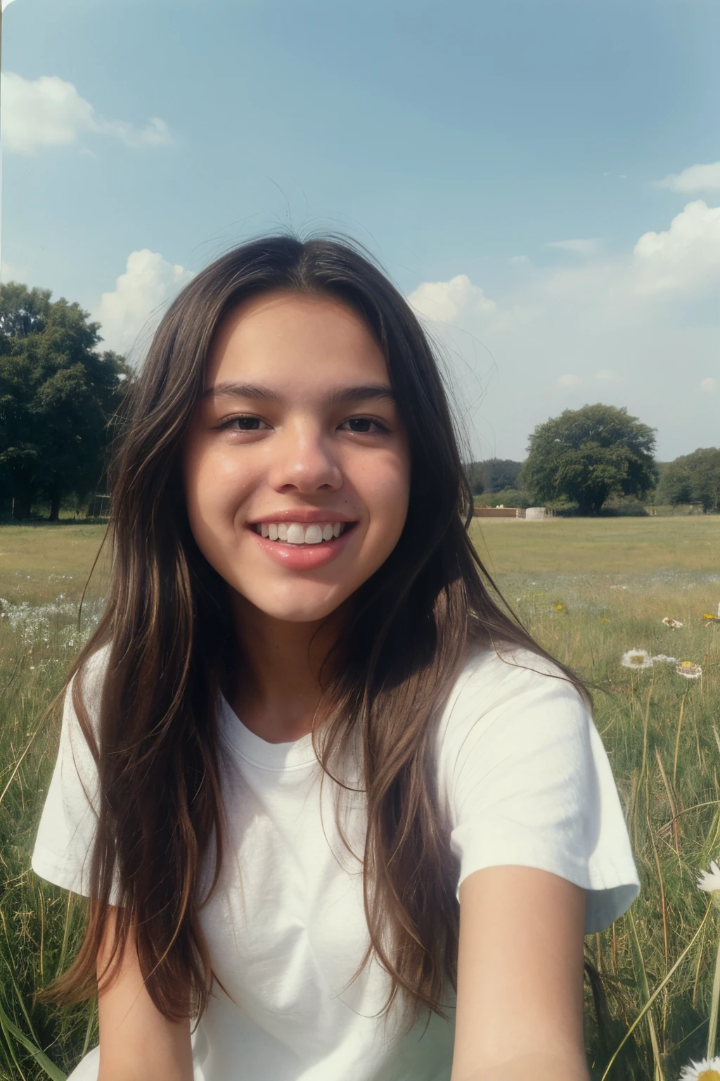 Polaroid style, snapshot, ((selfie)) of **** Olivia Rodrigo with (acne) and messy hair dressed white t-shirt sitting on European meadow, laughing:2.0, summer day, sunlight coming from front-right, noon, extremely detailed skin, glossy skin, extremely detailed eyes and hair, tousled hair, film grain,