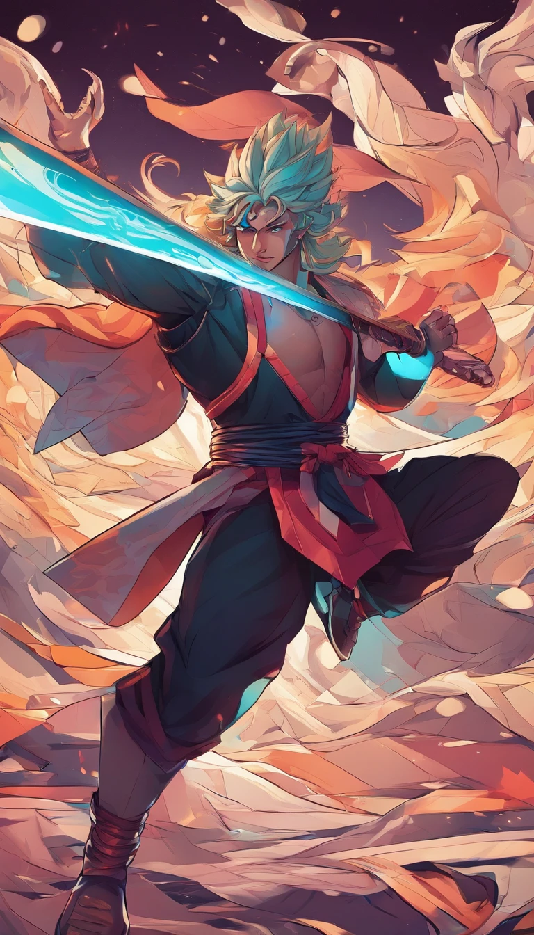 tmasterpiece,Super cool ultimate warrior as kung fu warrior,The expression is serious,Random light and shadow,Random character background,Minimalist style,A glowing sword,Lotus as background,Impeccably clean,need,to emphasize,Bright and colorful shades,3 Background,A high resolution, --with 9:16 -- two two five