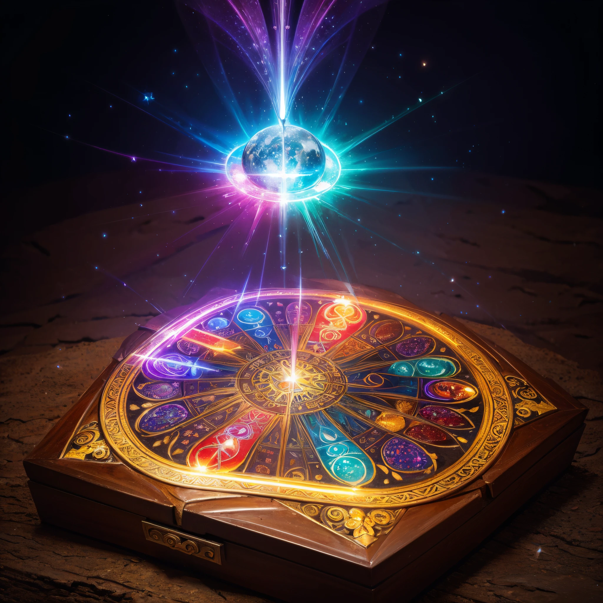 (best quality,highres),mystical ancient magic, vibrant colorful powers, interplay of darkness and brightness, enchanted mystique, magical wonders, vibrant hues, ancient magic box