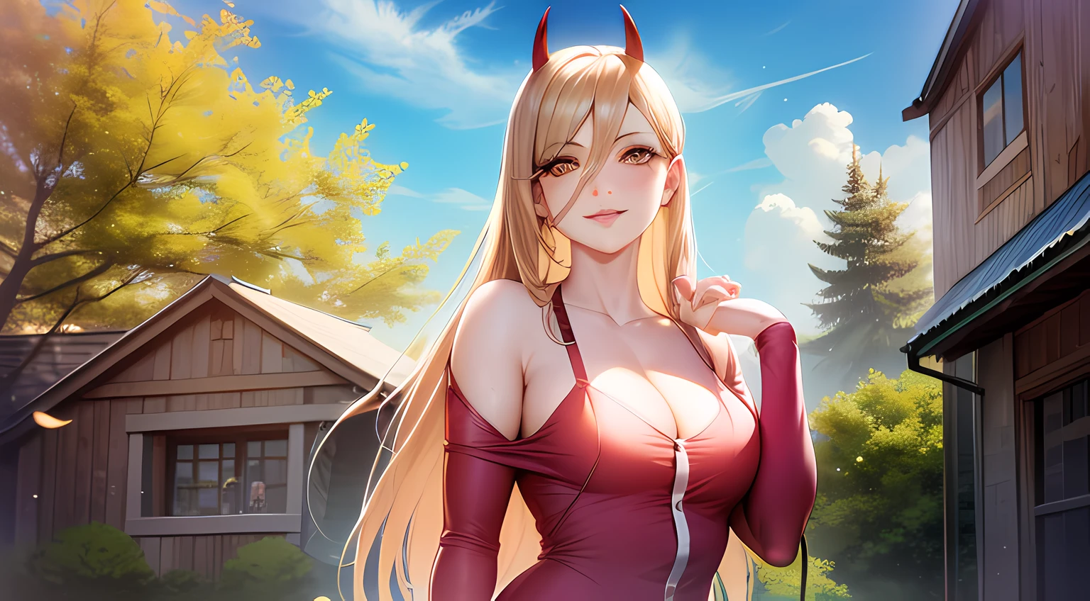 76-1Shirt, 1girl, power (chainsaw man), horns, long hair, cat, shorts, outdoors, sky, cloud, shirt, red horns, smile, white cat, hair between eyes, solo, (red shirt:1.4), denim, looking at viewer, (cross-shaped pupils:1.4), symbol-shaped pupils, blonde hair, long sleeves, day, denim shorts, blue sky, demon horns, yellow eyes, standing, cloudy sky, (realistic:0.5), masterpiece, solo, (best quality, perfect detailed, beautifully detailed face, detailed eyes), glistening shiny, ray tracing, DOF, HDR, gradient eyes, sharp eyelashes, ((eyelashes)), mascara, detail_face, eyelashes, shiny hair, flirting, seductive smile, parted lips, medium breasts, (cleavage:1.3), bare shoulder, (soft particles floating:1.1), ((looking at viewer)), (playmate pose:1.1), (full body:1.1), ((8k wallpaper)), ((highres)),