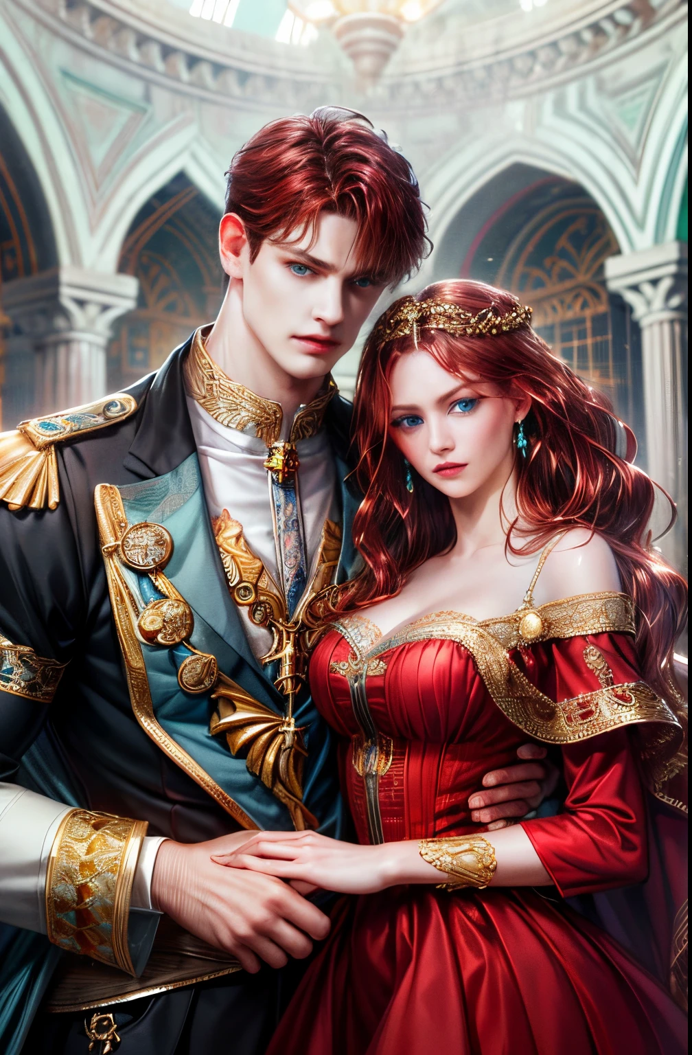 (High quality , ultra detailed, careful with hand) Zodiac - Cancer god, similar to latin good , Intelligent, crafty, rational, strong-willed face , Tenacious, moody, irritable, oppressive style , ocean blue eyes(eyes detail), dark red hair , elegant greek clothing , in the ballroom with partner , height difference. whole body , musculoso,