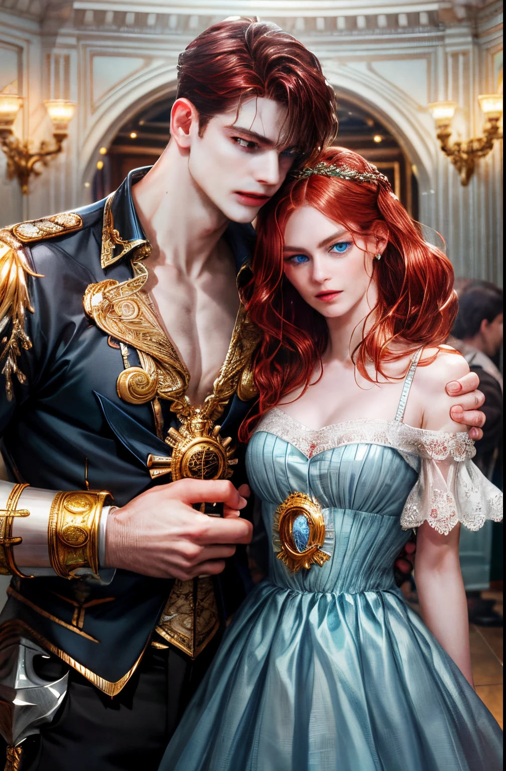 (High quality , ultra detailed, careful with hand) Zodiac - Cancer god, similar to latin good , Intelligent, crafty, rational, strong-willed face , Tenacious, moody, irritable, oppressive style , ocean blue eyes(eyes detail), dark red hair , elegant greek clothing , in the ballroom with partner , height difference. whole body , musculoso,