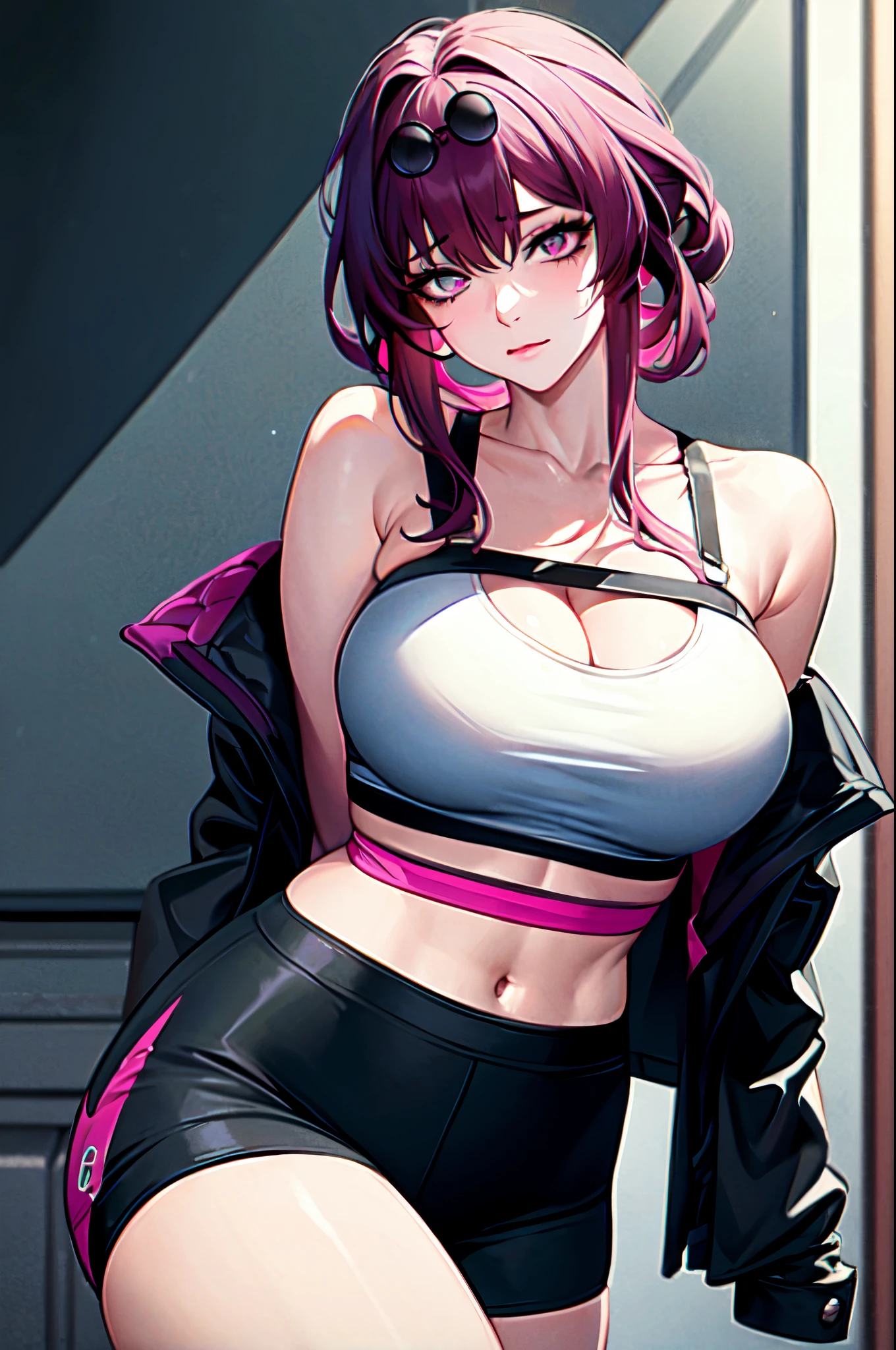 masterpiece, best quality, 1girl, solo, looking at viewer, gloves, navel, cleavage, bare shoulders, 1girl, solo, looking at viewer, blush, large breasts,off shoulder oversized clothes,revealing clothes,showing (( sports bra)),,sweaty, sitting, city alley, steps, daytime, closed mouth, star-kafka, pink hair, hair bun, shirt, gloves, sunglasses, armpits, off shoulder, stomach, open jacket, crop top, sleeveless shirt, thigh strap,mature female,cowboy shot, dynamic angle,areola slip, dynamic pose,leavage, bursting breasts,