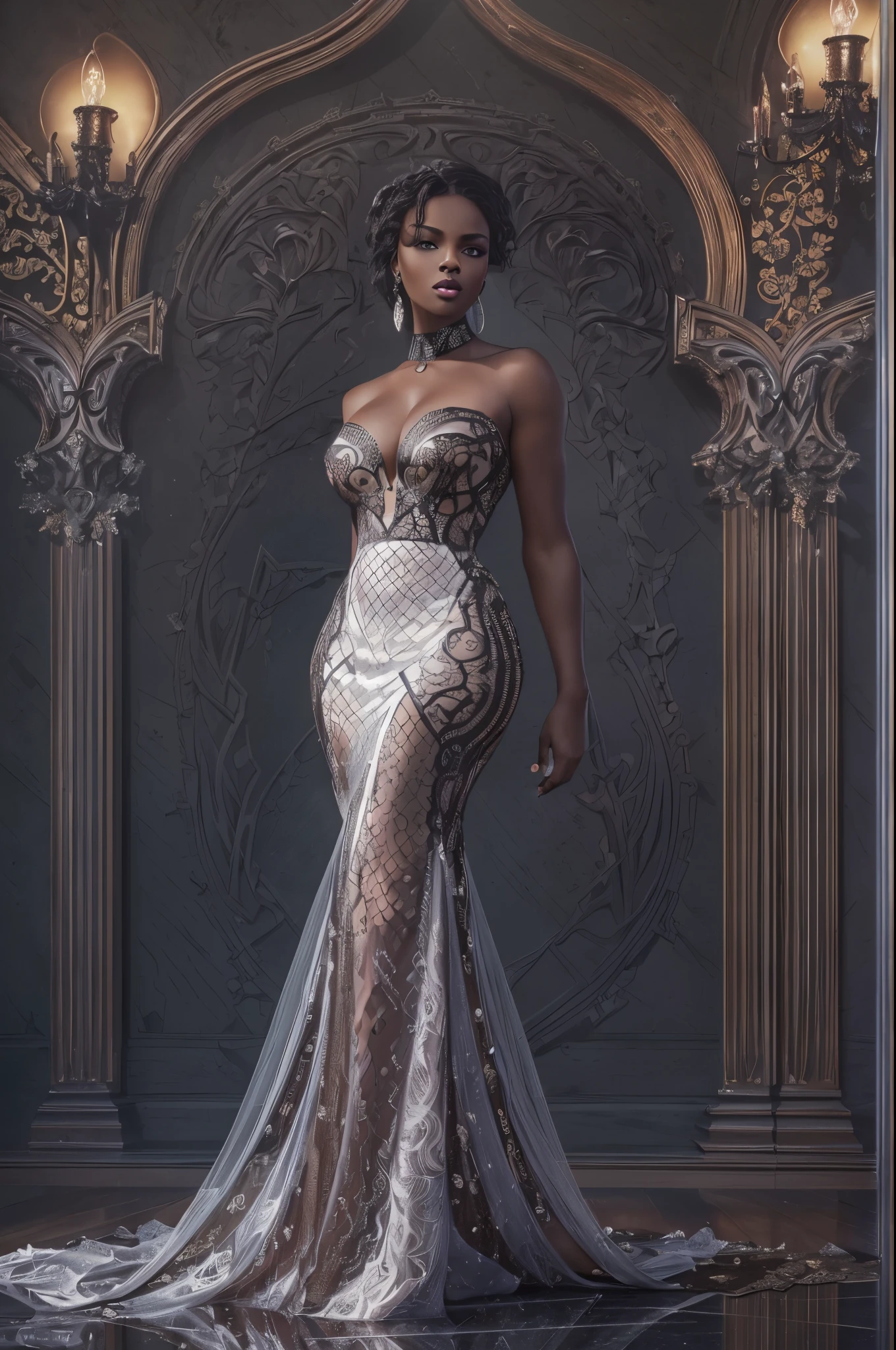 (best quality,4k,8k,highres,masterpiece:1.2),ultra-detailed,(realistic,photorealistic,photo-realistic:1.37),gorgeous black woman, seductive gaze, elegant posture, gothic background, sensual beauty, glamorous fashion, elegant gown, dark colors, moody lighting, full body pose