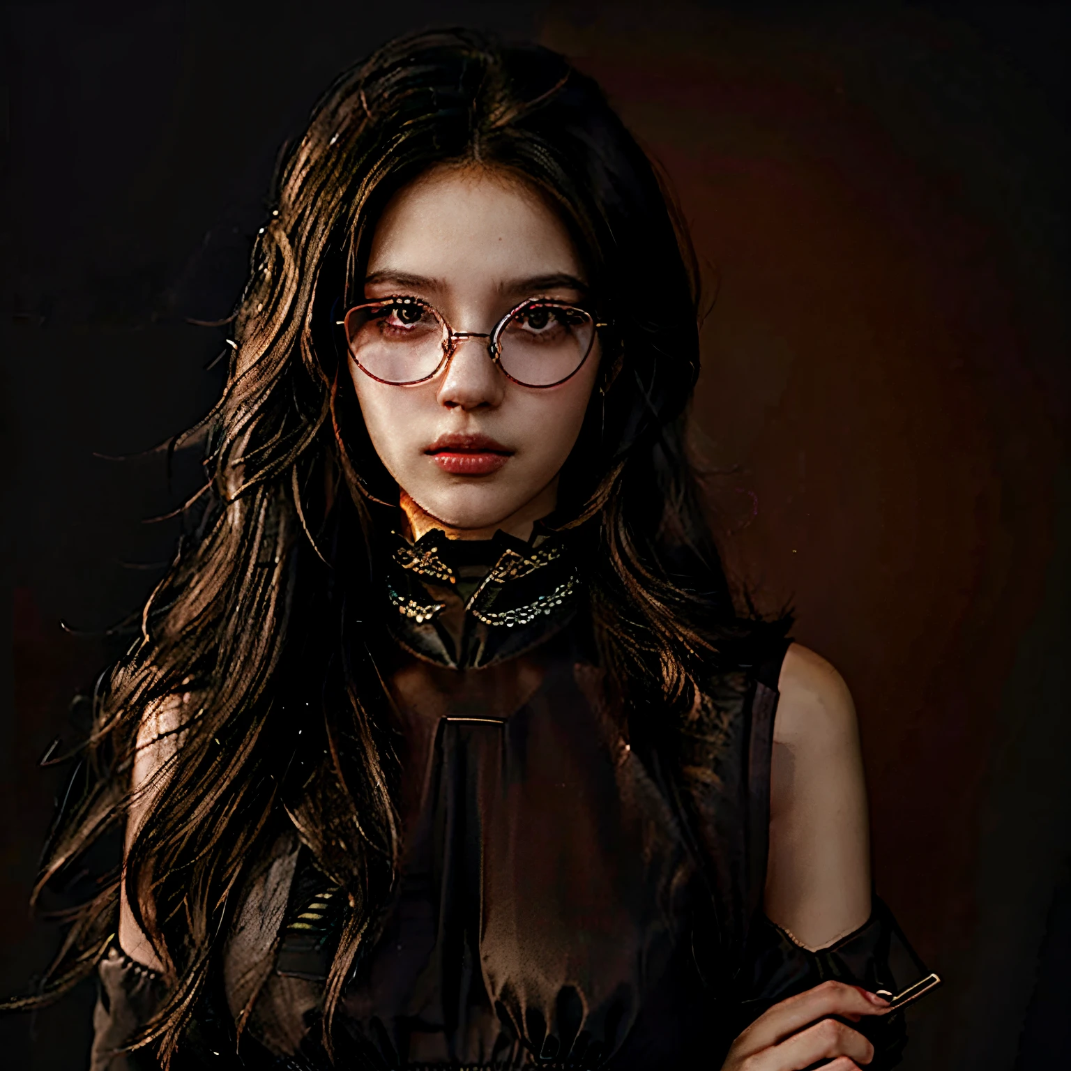 1girl, glasses, choker, black hair, black outfit, beautiful, anime, blank background,