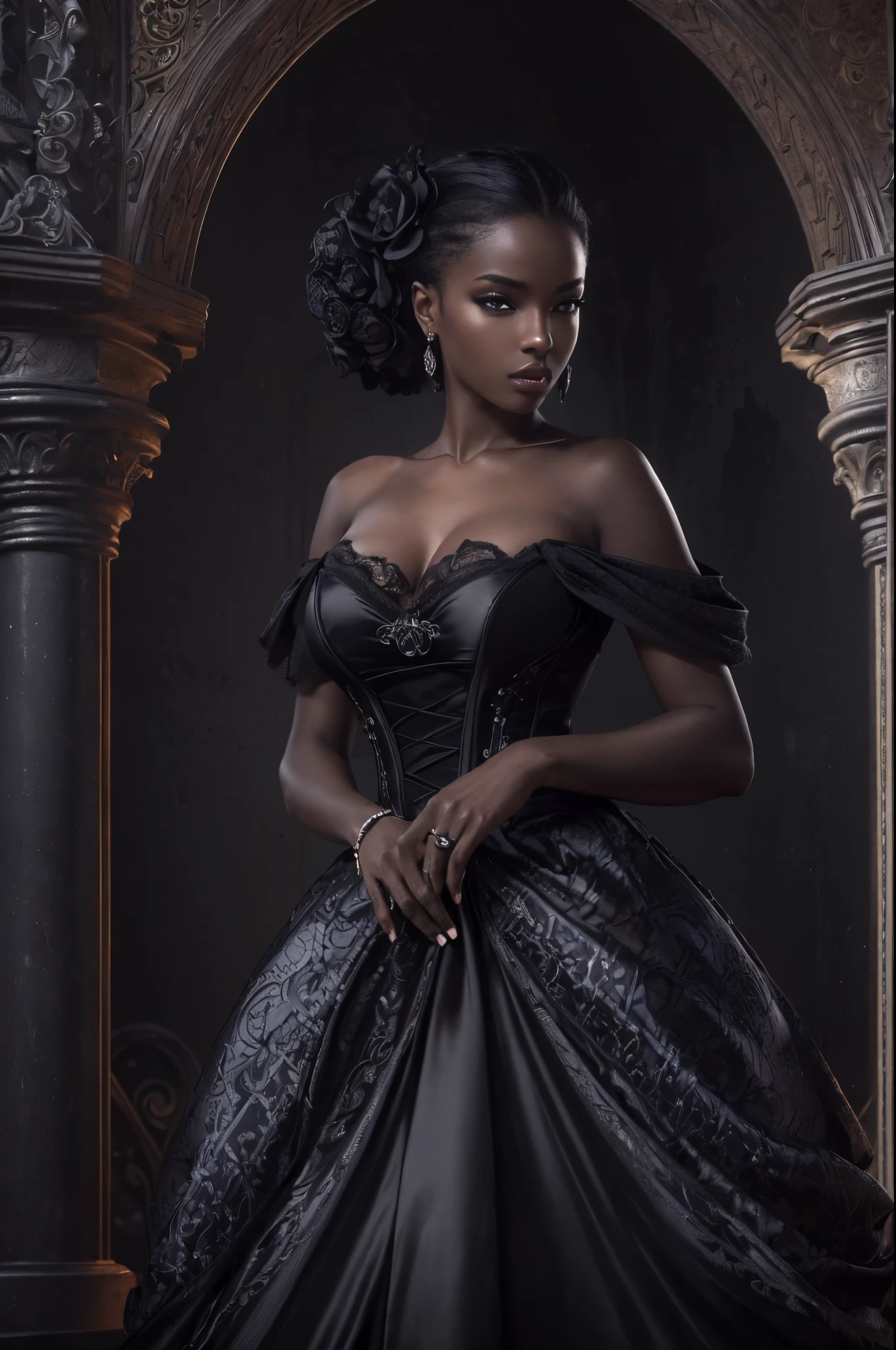 (best quality,4k,8k,highres,masterpiece:1.2),ultra-detailed,(realistic,photorealistic,photo-realistic:1.37),gorgeous black woman, seductive gaze, elegant posture, gothic background, sensual beauty, glamorous fashion, elegant gown, dark colors, moody lighting, full body pose
