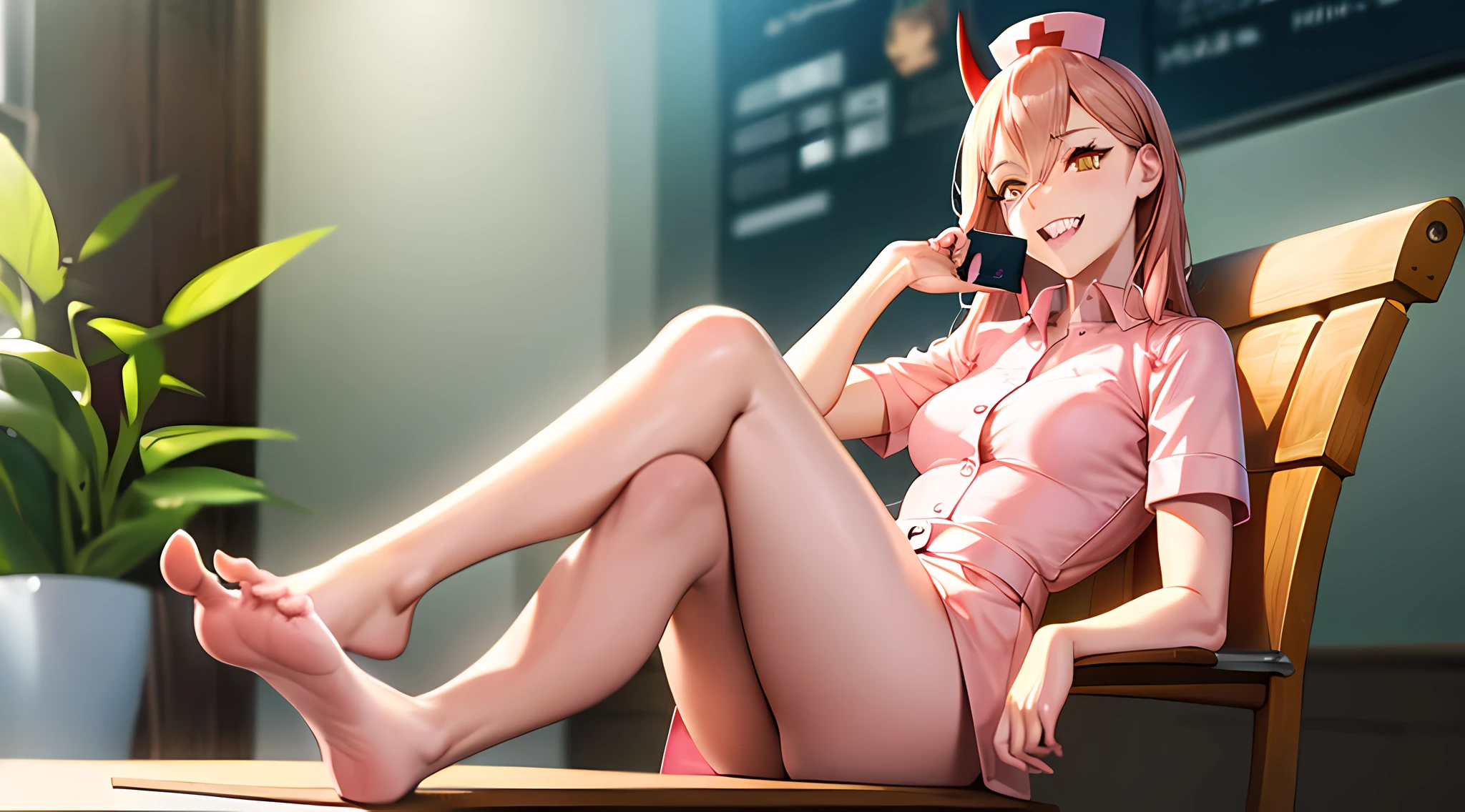 (top-quality、in 8K、32K、masterpiece、nffsw、超A high resolution、Impresionismo、Photorealsitic:1.2)、shinny skin、Absolute area、Beautiful numbness、Curve、high detailing, top-quality, 超A high resolution, 1girl in, (Light pink hair、Manteau blanc、show the grinps、Laugh with fangs out:1.2), Long bangs、yellow eyes、length hair、middlebreasts, hospitals、houseplant、the power、A smile, Horns、red horns、(((Manteau blanc、Suits、Nurse Costume、Nurse hat)))、(((sit a chair、Put your feet on the desk、Have a smartphone、lean on the backrest)))