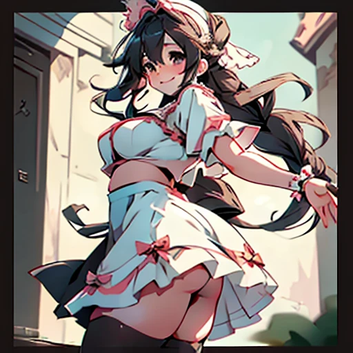 big boobs, cheerful, greeting, morning, smile, white frilly dress, mini skirt, bow, tights, fascinator, braid, sunny, from behind, sunshine,