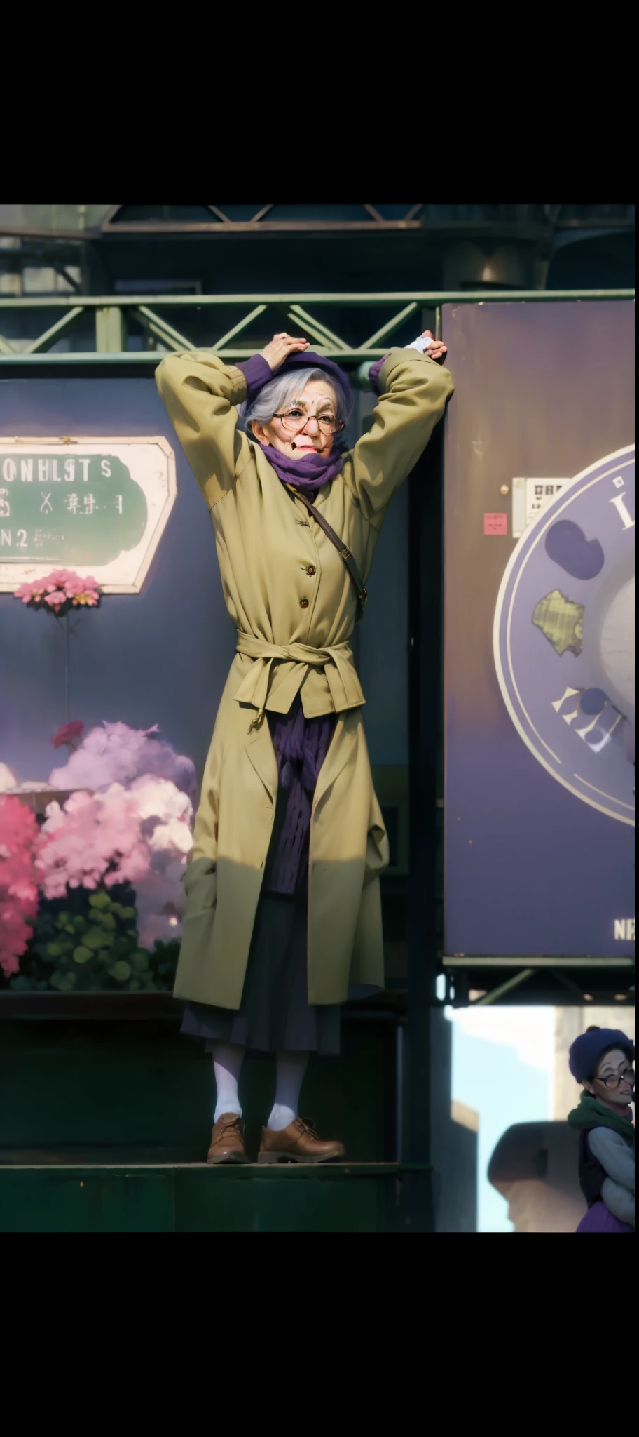 masterpiece, best quality, an old woman with glasses and a scarf on, wearing a purple coat and green scarf, standing at the park