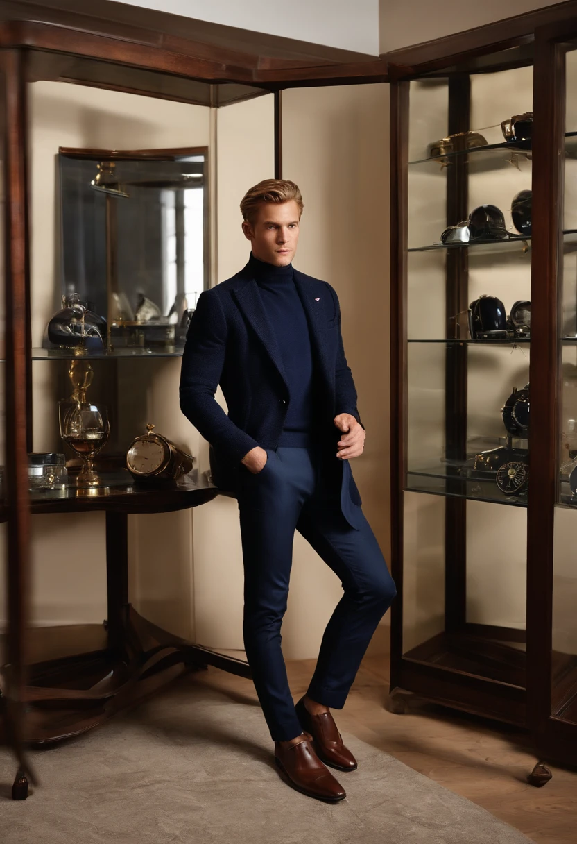 A photo of Nicholas carefully arranging a collection of vintage watches and pocket compasses on a dark mahogany display case.,original,Nicholas looks like the actor and celebrity Tom Glynn-Carney.

Gender: Male

Physical Attributes:
Nicholas possesses a well-maintained physique, distinguished by a toned and slim build, which accentuates his graceful presence. His skin carries a light tan, imbuing him with a healthy, sun-kissed glow that hints at an active lifestyle. His eyes, a piercing shade of blue, draw attention with their depth and clarity.

Hair:
Nicholas sports short, neatly groomed dirty blonde hair, which not only complements his appearance but also underscores his commitment to a polished and sophisticated look.

Apparel:
Nicholas is characterized by a tasteful and understated sense of fashion. He favors a plain crewneck shirt, reflecting his appreciation for simplicity and practicality. These versatile shirts convey an air of effortlessness and serve as a canvas for his inner complexities.

Complementing his shirt, he chooses straight-leg jeans that strike a harmonious balance between comfort and style. These jeans underscore his practicality, ensuring he's well-prepared for the rigors of everyday life.

To shield against the elements, Nicholas dons a warm and elegant coat, reinforcing his dedication to a refined and polished image. The coat not only offers protection but also projects a hint of sophistication that aligns with his enigmatic persona.

Completing his ensemble, Nicholas opts for semi-formal shoes. These choices combine style and comfort, allowing him to navigate seamlessly between casual and more formal settings. This footwear underscores his adaptability, an attribute that resonates with his multifaceted personality.

In addition to his attire, it's important to note that Nicholas's fashion choices go beyond mere garments; they reflect his personality, which embodies a compelling blend of charm, intelligence, and darkness.