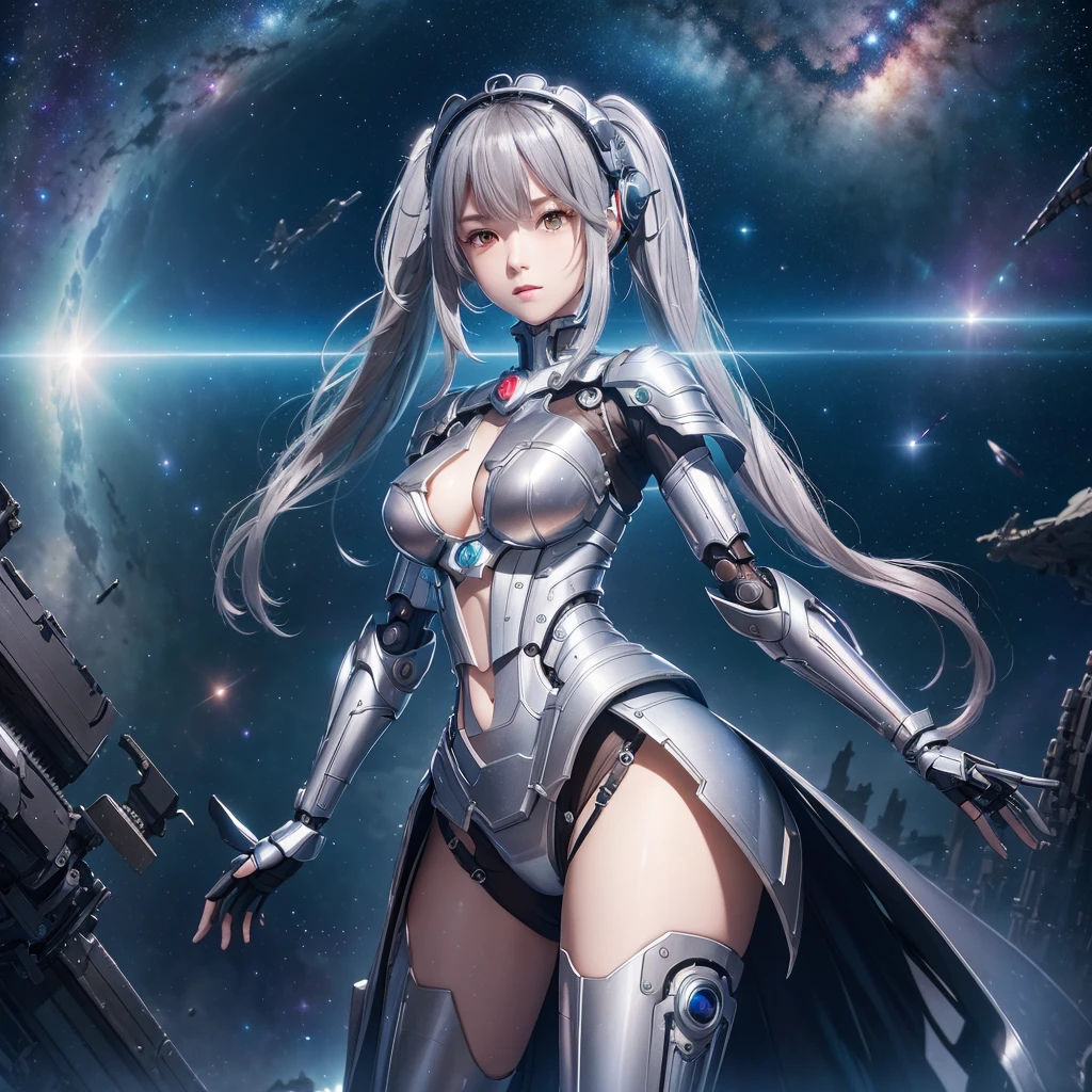 （（tmasterpiece，best qualtiy）），Beautiful 8K Ultra HD professional photos, Sharp focus, In a stunning fantasy world, Cute silver-haired girl, stunning pose, large revealing mechanical robot structure，Interstellar，Endless space，ssee-through，depth of fields，Magnificent space image scene，