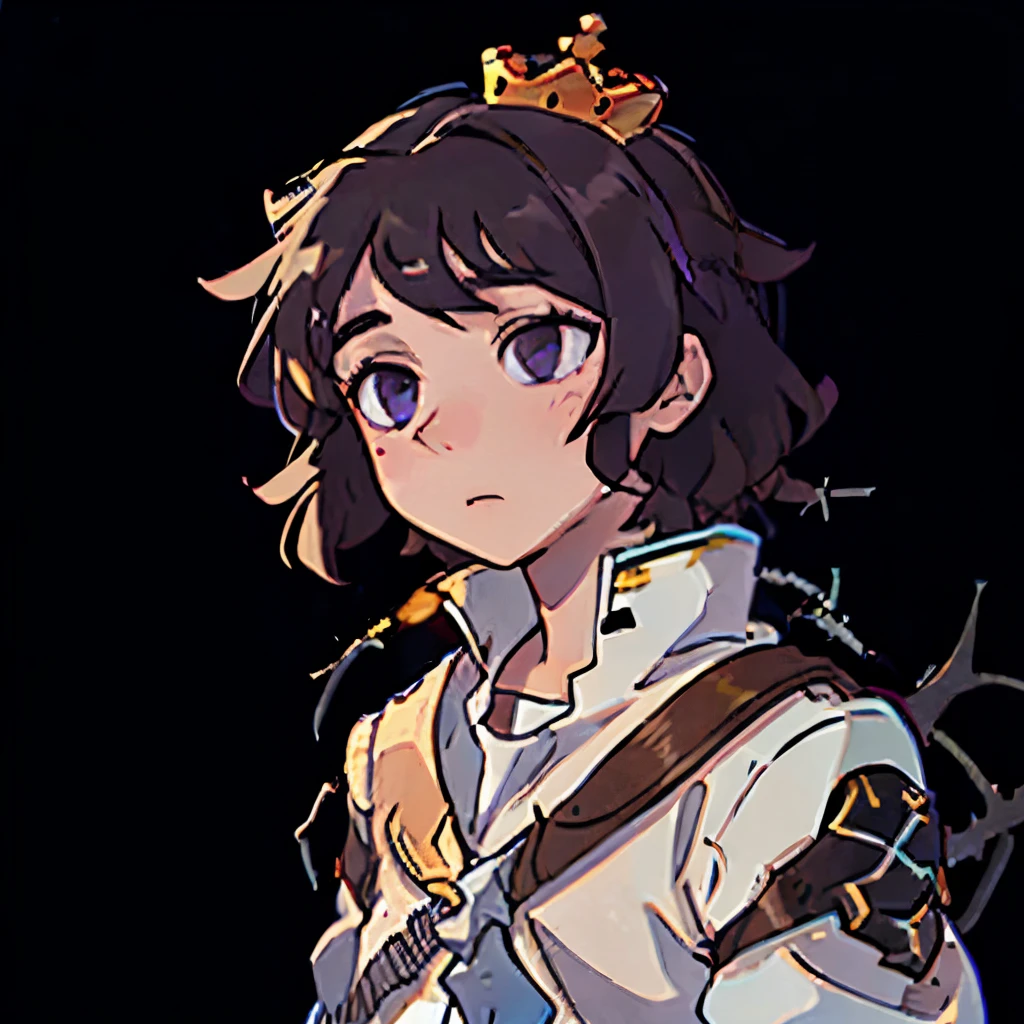 a 14-year-old black boy with curly hair and a crown of thorns on his head. on a black background, purple eyes