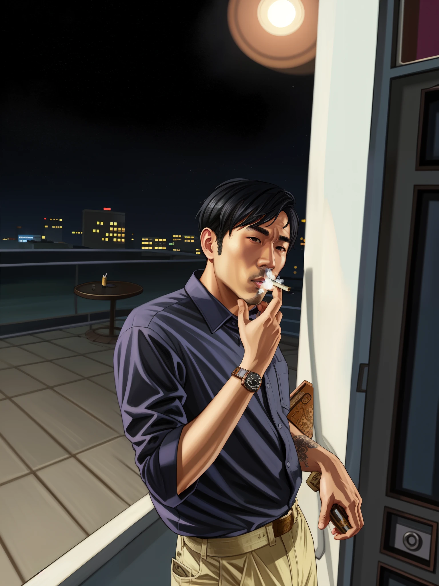 there is a 21 years old asian man standing on balcony with cigar, wearing blue navy shirt, he is smoking a cigarette, smoking with squat down pose, smoking outside, while smoking a cigar, smoking cigarette, dramatic smoking pose, with smoke, smoking a cigarrette🚬, smoker, smoking and bickering, taking a smoke break, at night HD anime pict, black hair, 2d game art gta5 cover, gta art, gta art style, gta v art, 2 d game art gta cover, 2d game art gta cover, style of gta v artworks, art gta 5, 2d art gta5 cover, gta v loading screen art, art gta 5 cover, 4k result