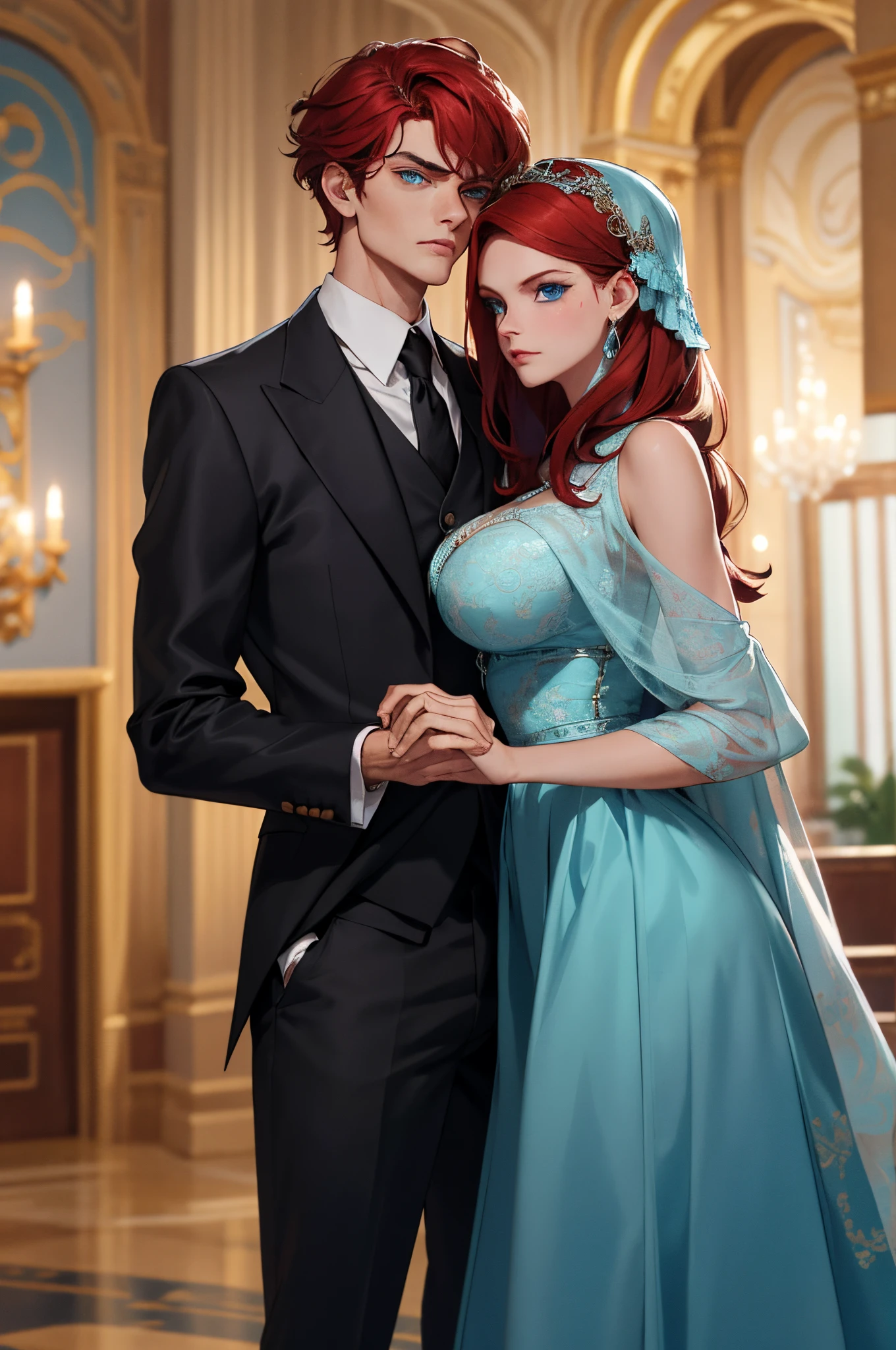 (High quality , ultra detailed, careful with hand) Zodiac - Cancer god, similar to latin good , Intelligent, crafty, rational, strong-willed face , Tenacious, moody, irritable, oppressive style , ocean blue eyes(eyes detail), dark red hair , elegant greek clothing , in the ballroom with partner , height difference. whole body , musculoso,