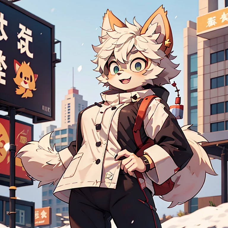 The eyes are bright,hairy pubic hair,hairy pubic hair,Broken,Q version,头像框, Character focus,独奏, shaggy, Furry fox, White fur for women, heterochromatic eyes,paws with claws,Loli wind,Little cute, Sell moe,It snowed heavily,White T blood,black long pants,Luminous billboard,Cute big hairy breasts