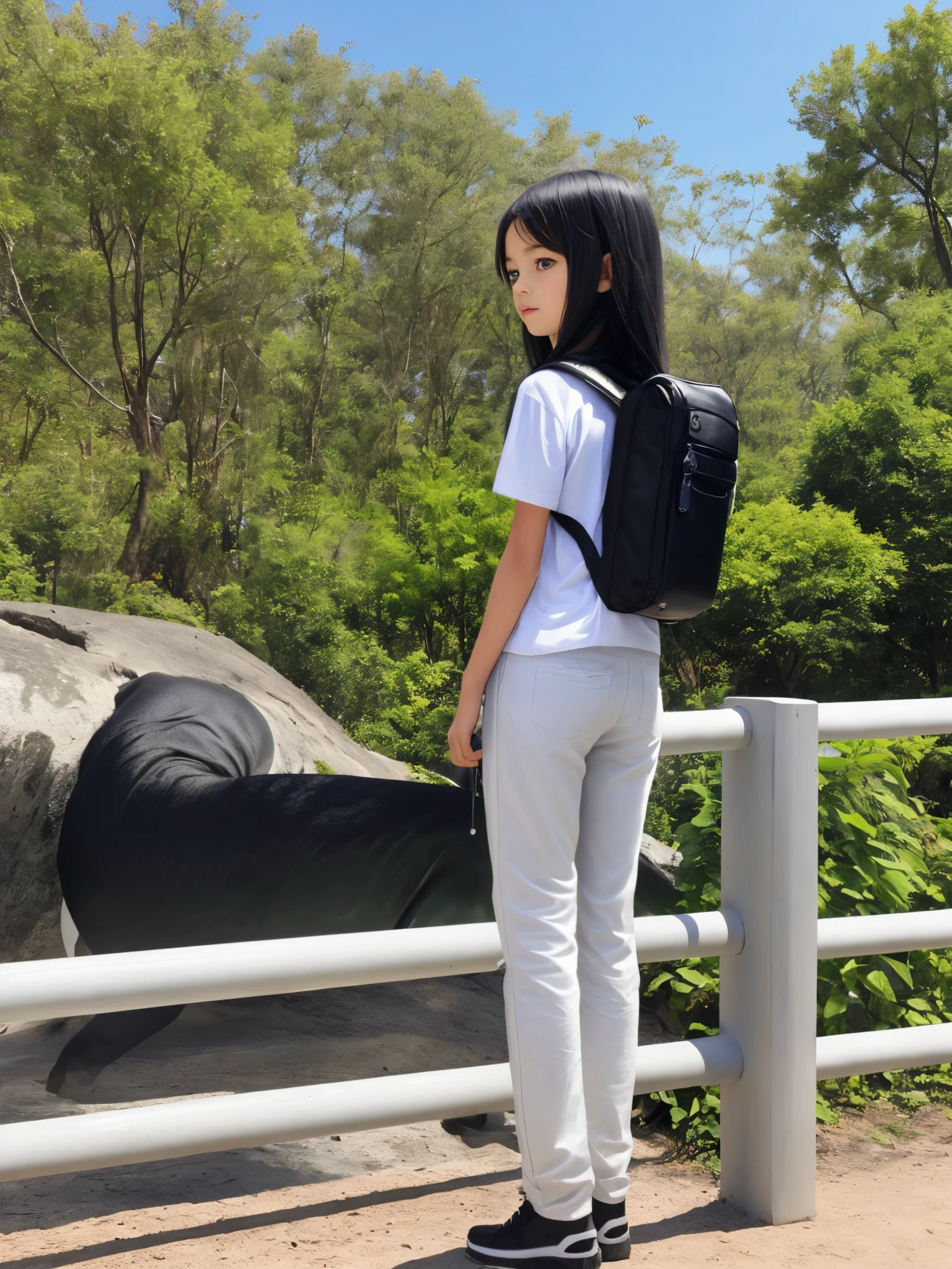Girl 8 years, black long hair, back pack, long pant , white tshirt, visitando parque zoologico, estilo dibujo animado