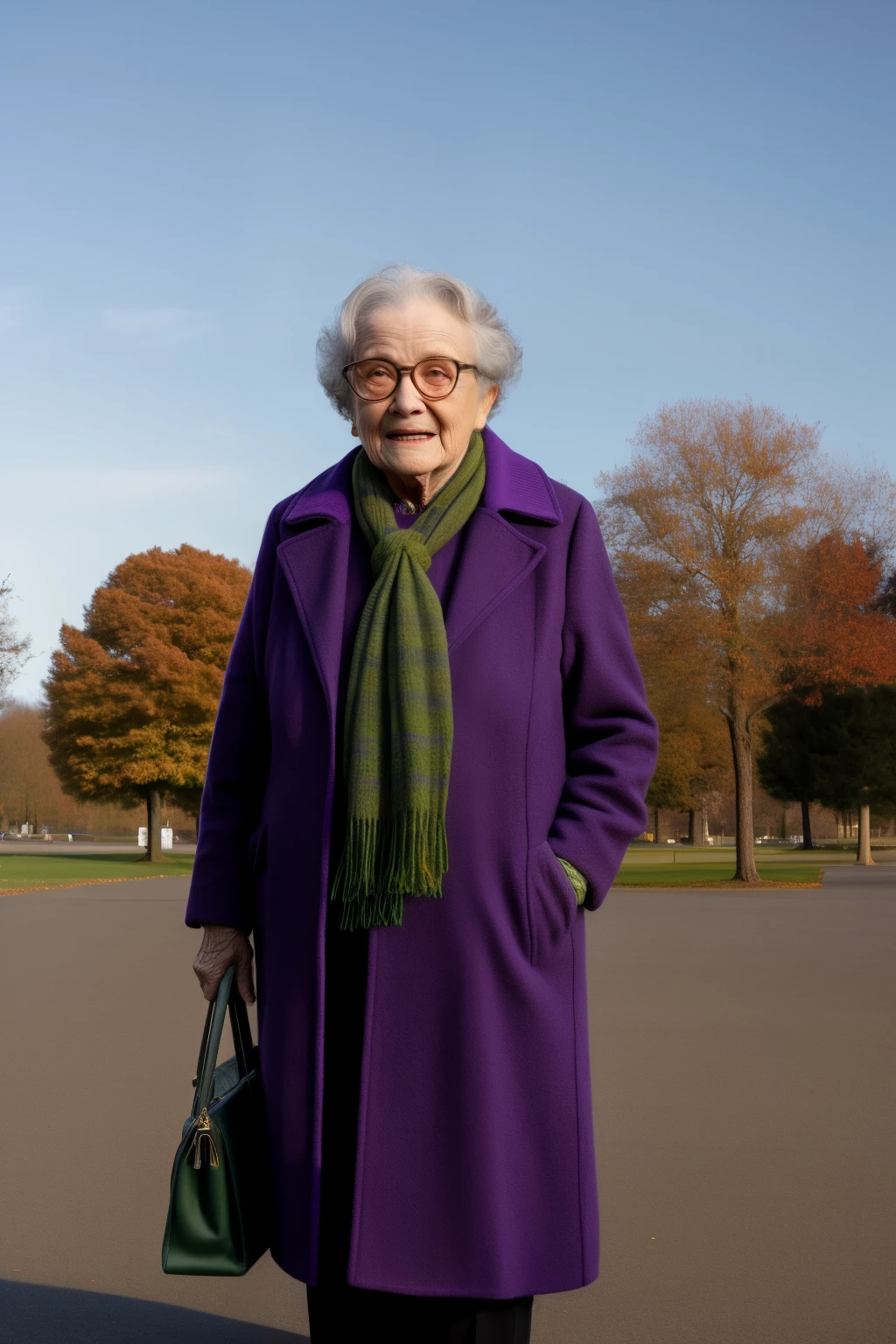 masterpiece, best quality, an old woman with glasses and a scarf on, wearing a purple coat and green scarf, standing at the park