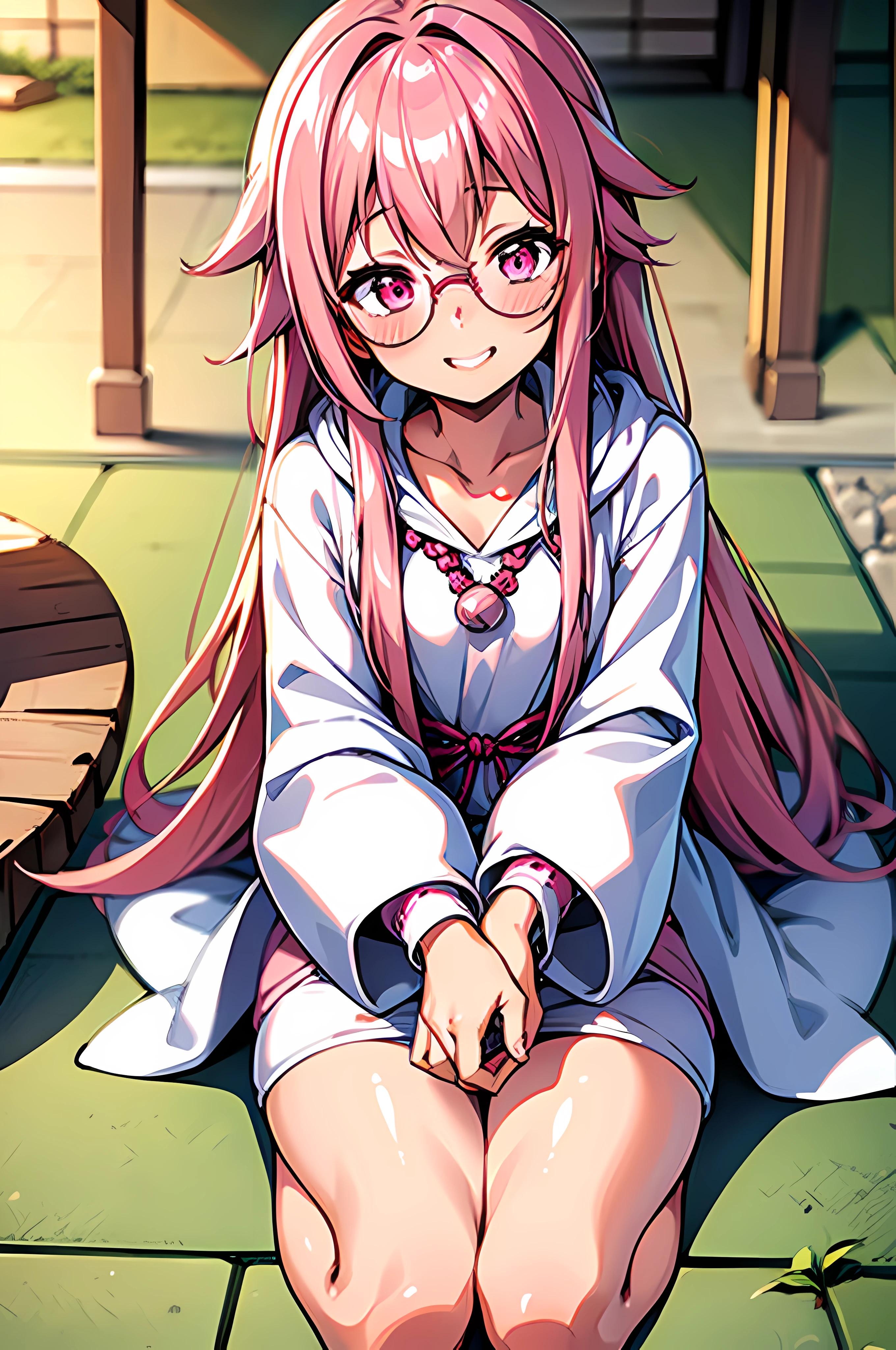 1 girl, white oversized hoodie, round glasses, pink hair, smiling, pink eyes, blushing, long hair, small breasts, short, sitting at a japanese shrine,
