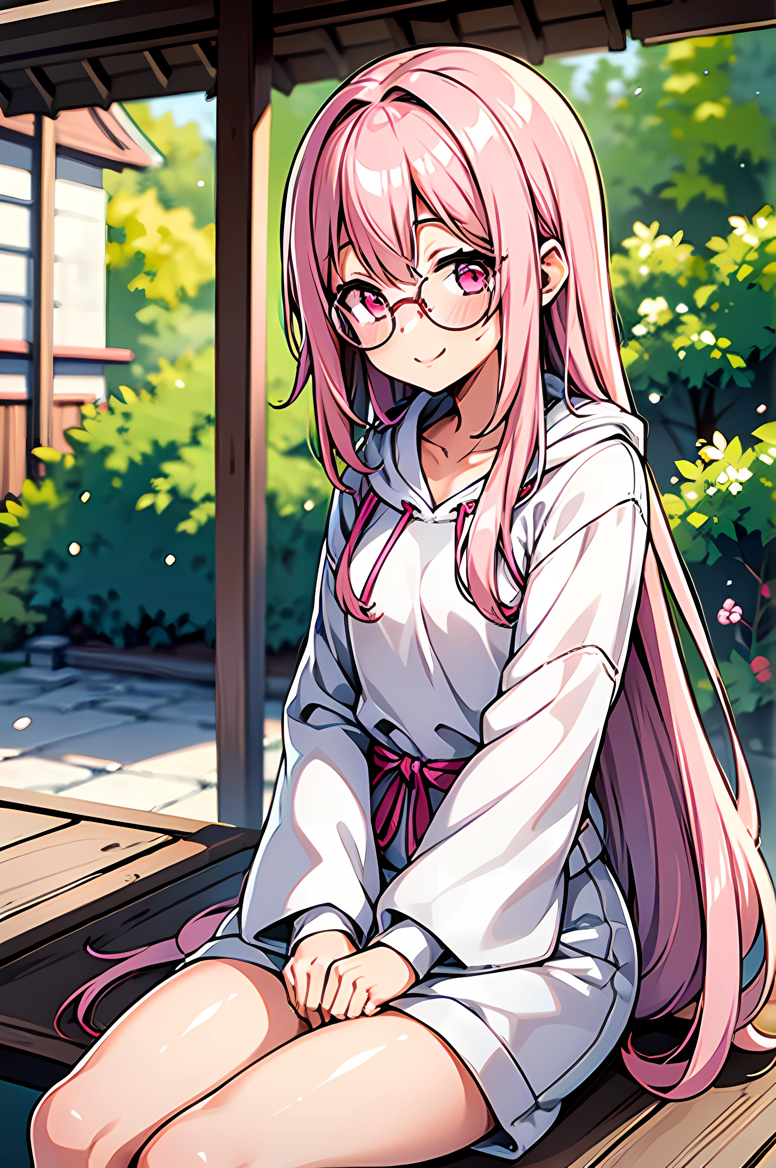 1 girl, white oversized hoodie, round glasses, pink hair, smiling, pink eyes, blushing, long hair, small breasts, short, sitting at a japanese shrine,