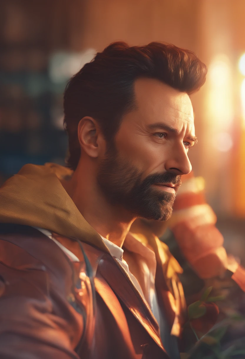 Masterpiece, DSLR photo, Style analogique, Nikon D5, VRAIE PHOTO, une photo de Hugh Jackman avec une barbe grisonnante, dramatic lighting (85 mm), (Detailed facial features), (detailed bright eyes), Angle dynamique, Jeremy Mann, Style Ilya Kuvshinov , profit complet
