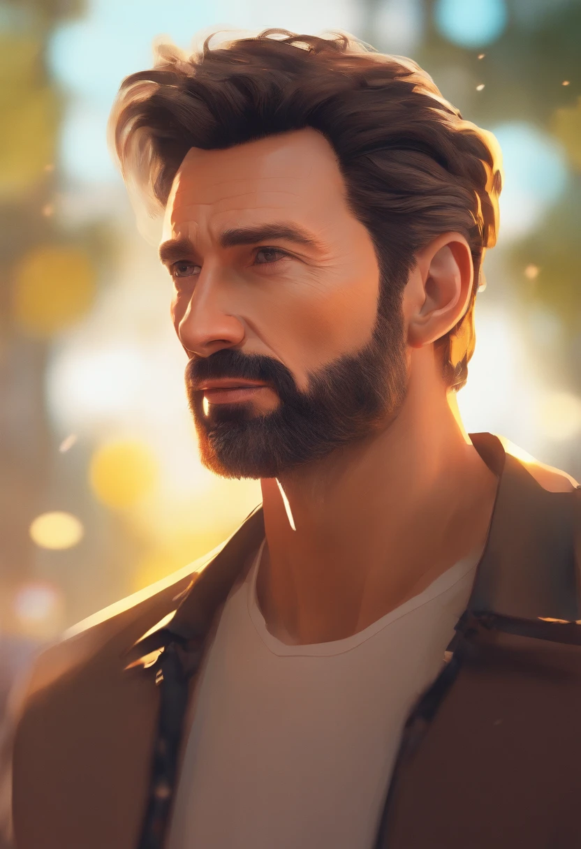 Masterpiece, DSLR photo, Style analogique, Nikon D5, VRAIE PHOTO, une photo de Hugh Jackman avec une barbe grisonnante, dramatic lighting (85 mm), (Detailed facial features), (detailed bright eyes), Angle dynamique, Jeremy Mann, Style Ilya Kuvshinov , profit complet