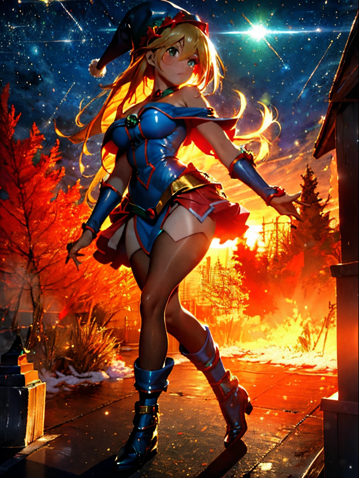 Dark magician gils. Rubia dorada sexy, ojos azules, Cara hermosa, Fit and athletic body, travieso, guarra, Manos perfectas, Manos detalladas, Ojos azules perfectos, ojos detallados, flirty, sexy, tetas grandes y alegres, cuerpo completo, realista, HDR, UHD, dynamic, sentado en el suelo frente a una chimenea, Posando, Santa Claus red dress, christmas tree, botas negras. Pose sejustiva y sensual