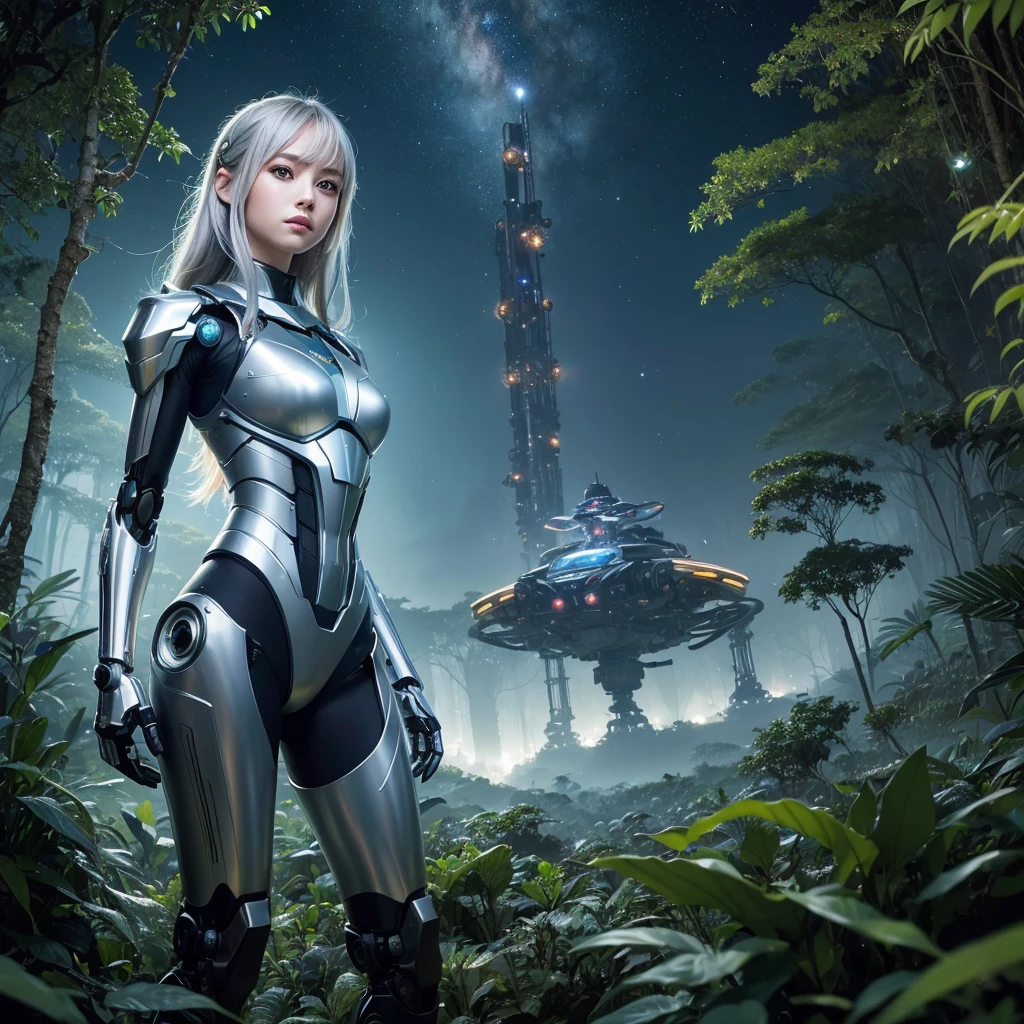 （（tmasterpiece，best qualtiy）），Beautiful 8K Ultra HD professional photos, Sharp focus, In a stunning fantasy world, Cute silver-haired girl, stunning pose, large revealing mechanical robot structure，Interstellar, jungle surrounded by fireflies，ssee-through，depth of fields，Magnificent jungle image scene，