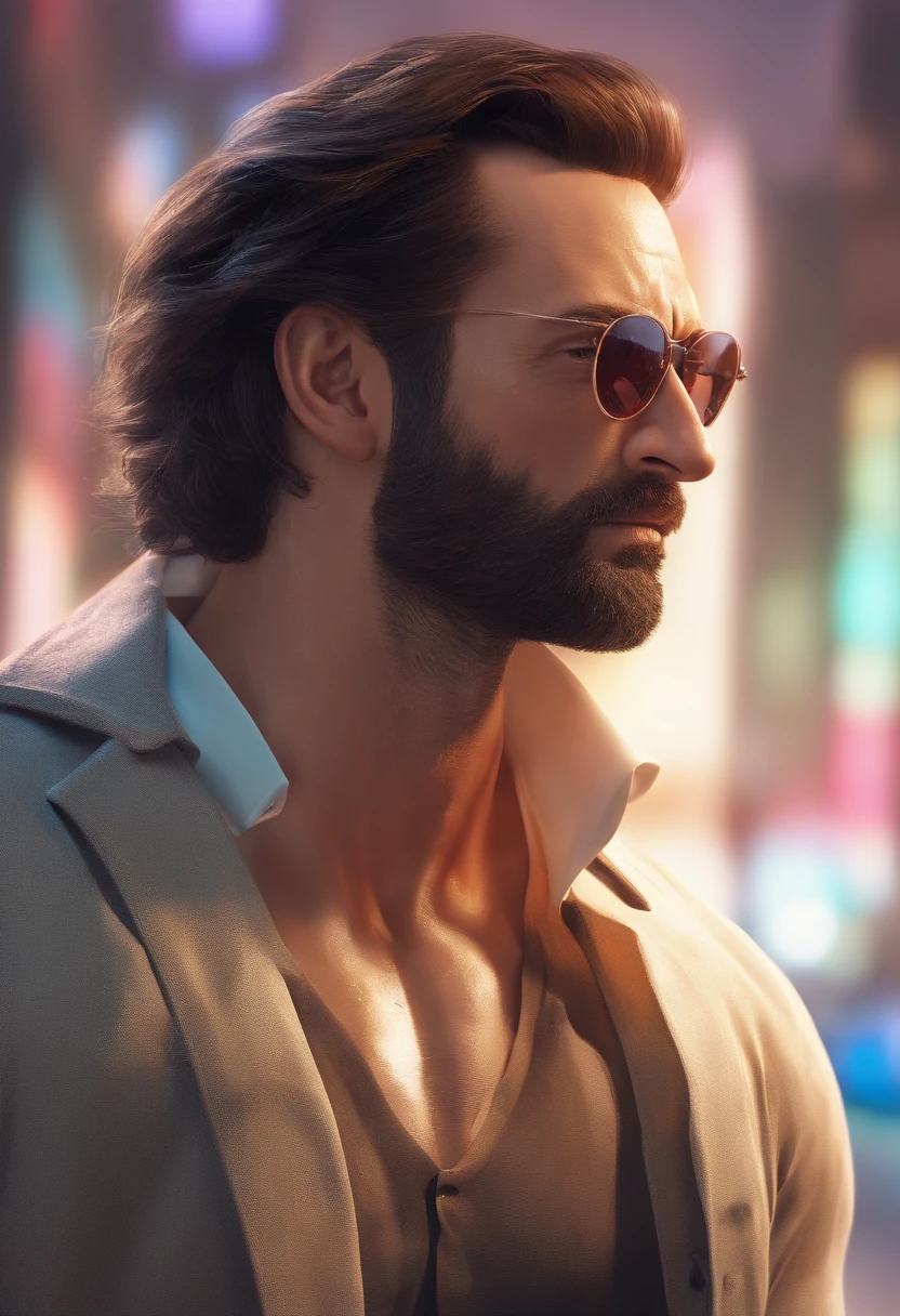 Masterpiece, DSLR photo, Style analogique, Nikon D5, VRAIE PHOTO, une photo de Hugh Jackman avec une barbe grisonnante, dramatic lighting (85 mm), (Detailed facial features), (detailed bright eyes), Angle dynamique, Jeremy Mann, Style Ilya Kuvshinov , profit complet