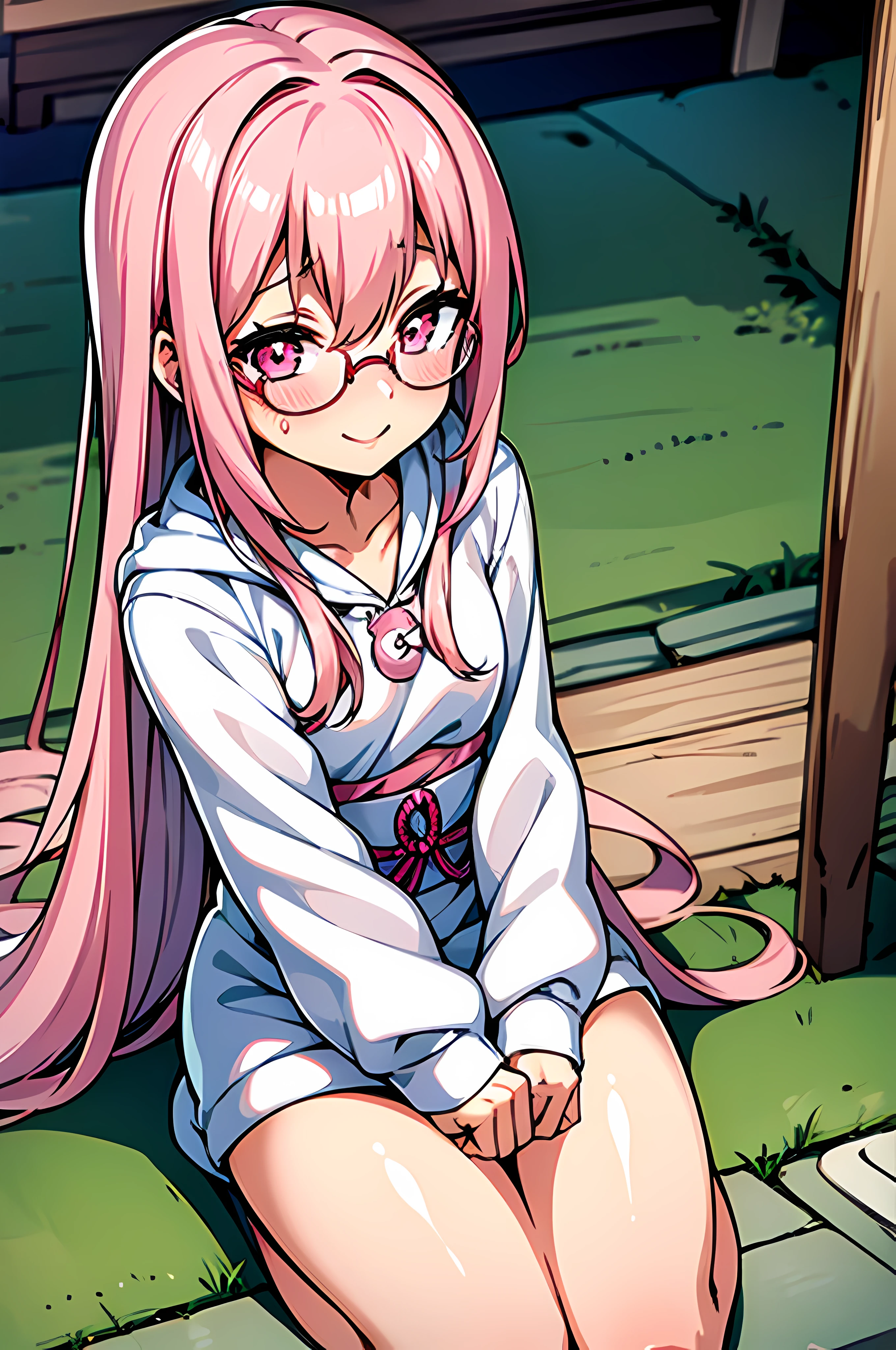 1 girl, white oversized hoodie, round glasses, pink hair, smiling, pink eyes, blushing, long hair, small breasts, short, sitting at a japanese shrine,