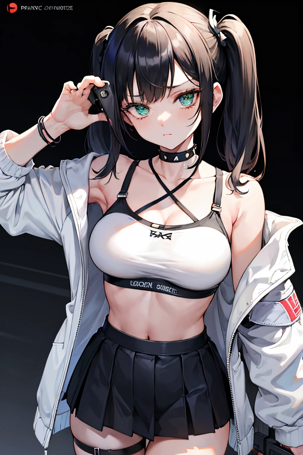 girl, shoulder length short pigtails black hair, tall, enchanting green eyes, wearing a white off-shoulder logo racer jacket with open bra, cute Black panties, black crop top, rainbow gloves, rainbow armband, glowing bracelet, headphones, large breasts, absurdres, high res, ultrasharp, 8K, masterpiece, ultra-detailed, sad expression, sleepy, tired, Flag Patch, spiked choker, glow band, depressed, taking a picture, simple, cute, neutral expression, angsty, nice, Canada. France, gay, aesthetic, car meet, racer, Philippines, softie, America, wet clothes, Germany, Hot With guns in hand with sexy bra, pulling skirt, Taking a selfie