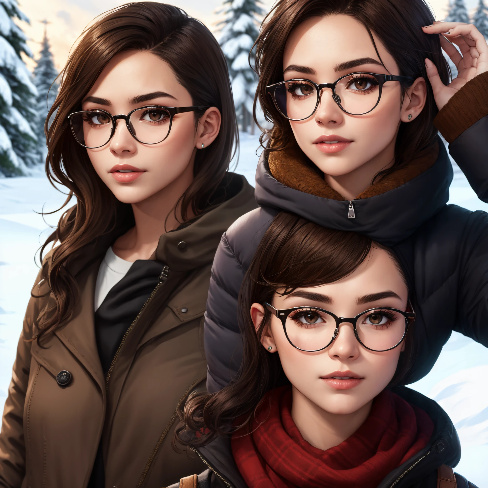 fornite skin: dark brown hair, dark brown eyes, latina, winter, glasses,