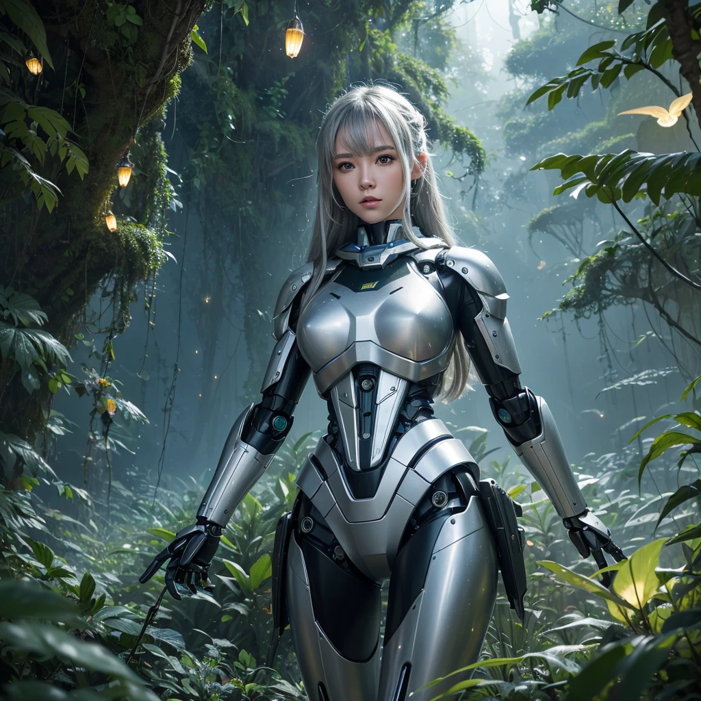 （（tmasterpiece，best qualtiy）），Beautiful 8K Ultra HD professional photos, Sharp focus, In a stunning fantasy world, Cute silver-haired girl, stunning pose, large revealing mechanical robot structure，Interstellar, jungle surrounded by fireflies，ssee-through，depth of fields，Magnificent jungle image scene，