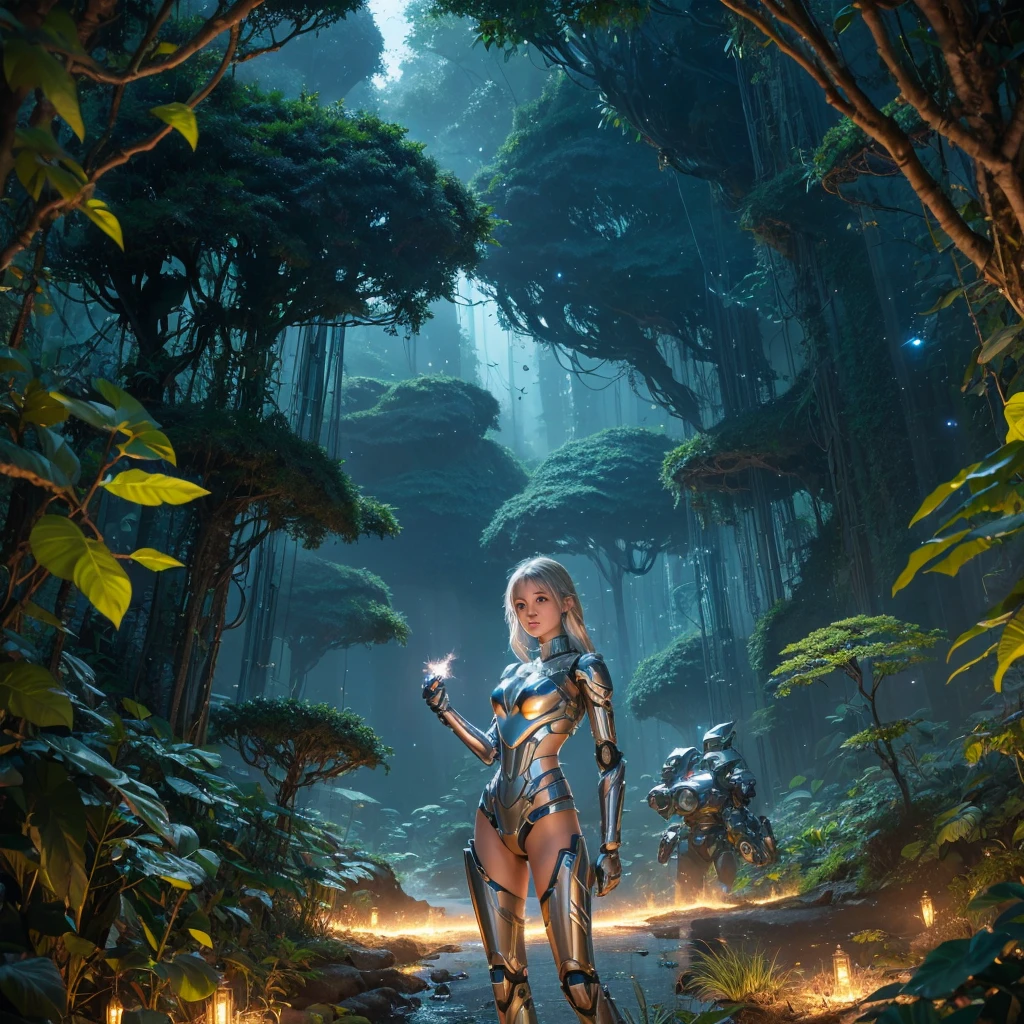 （（tmasterpiece，best qualtiy）），Beautiful 8K Ultra HD professional photos, Sharp focus, In a stunning fantasy world, Cute silver-haired girl, stunning pose, large revealing mechanical robot structure，Interstellar, jungle surrounded by fireflies，ssee-through，depth of fields，Magnificent jungle image scene，