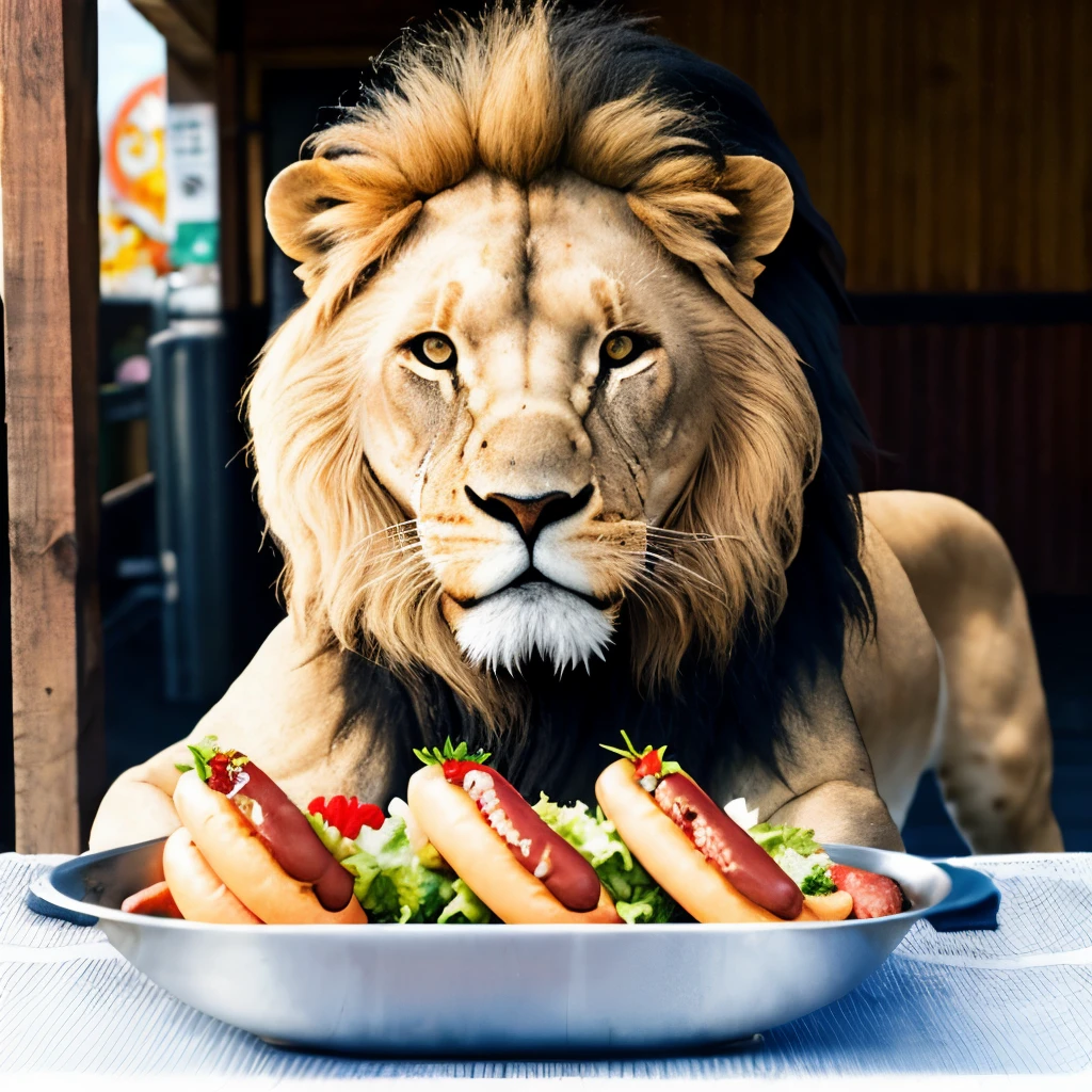 Lion spitting hotdogs